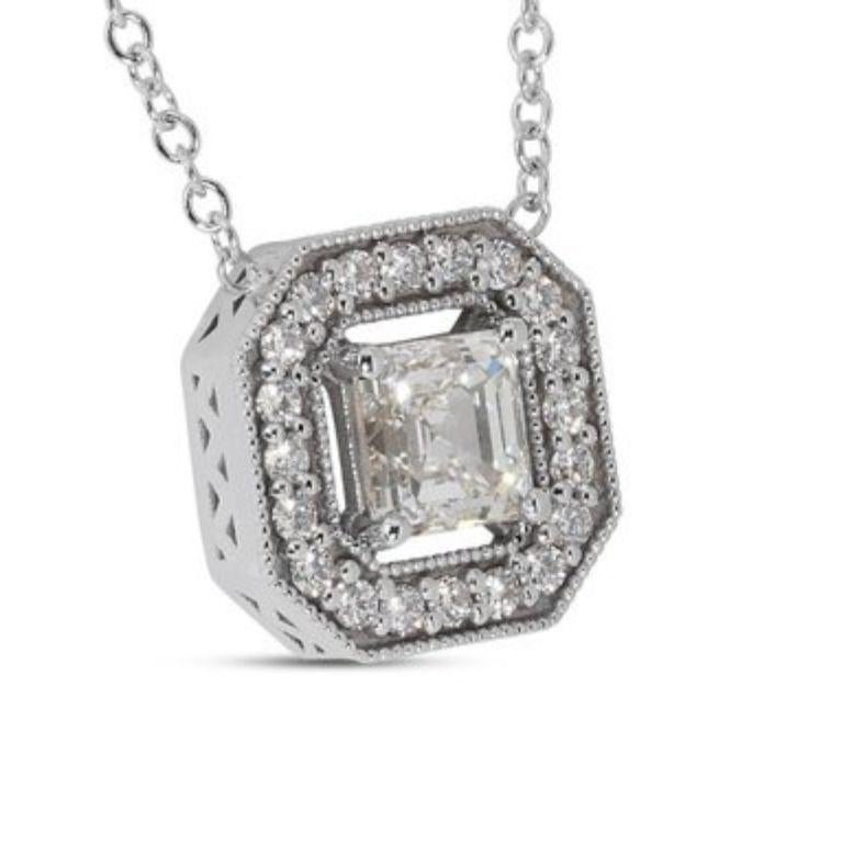 Embrace captivating geometric allure with this exquisite necklace, showcasing a mesmerizing 1-carat asscher diamond. This unique centerpiece, boasting the coveted F color and VVS2 clarity, radiates brilliance and fire with its captivating square