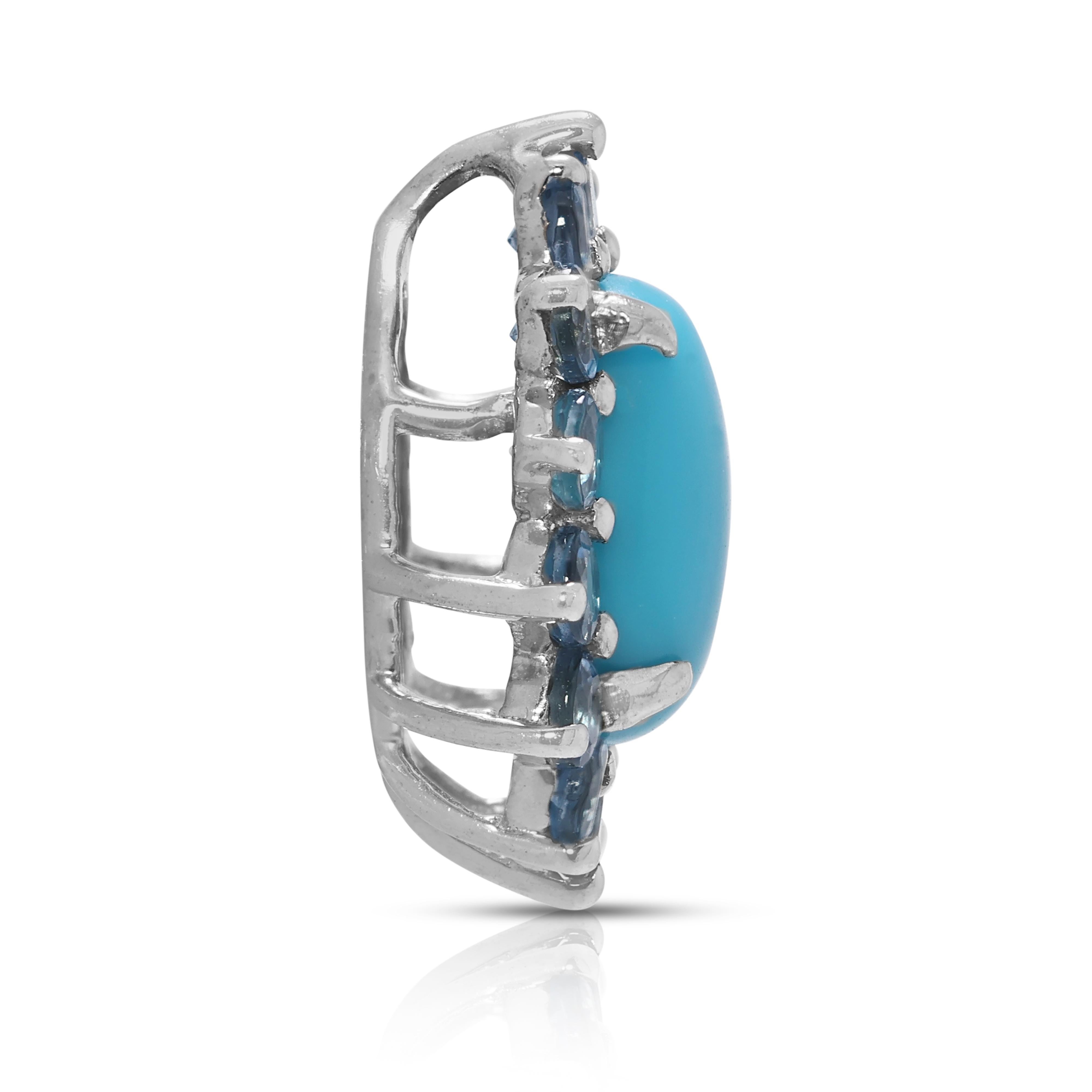 Pendentif Halo en or blanc 18 carats avec turquoise et saphir de 2,17 ct. Pour femmes en vente