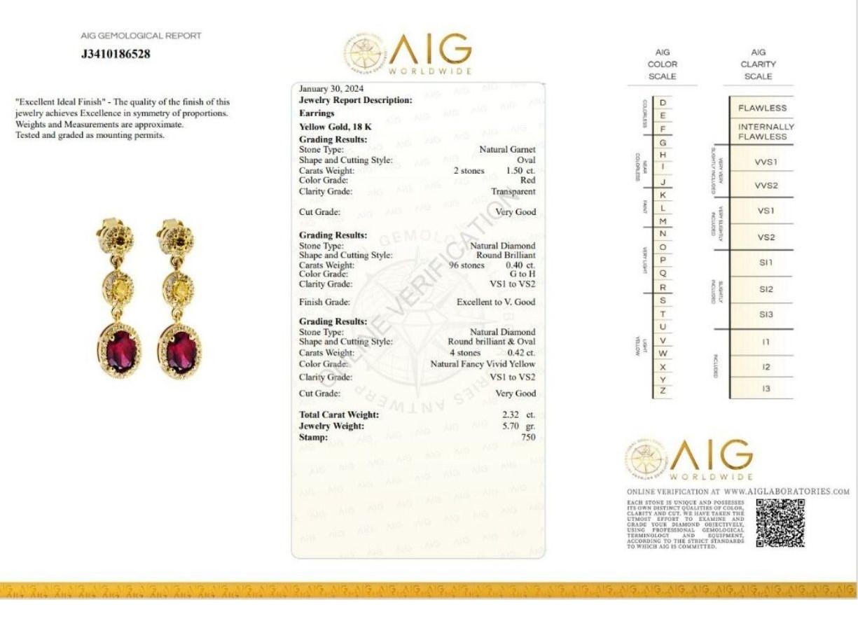 Mesmerizing 2.32ct Garnet and Diamond Earrings set in 18K Yellow Gold For Sale 1