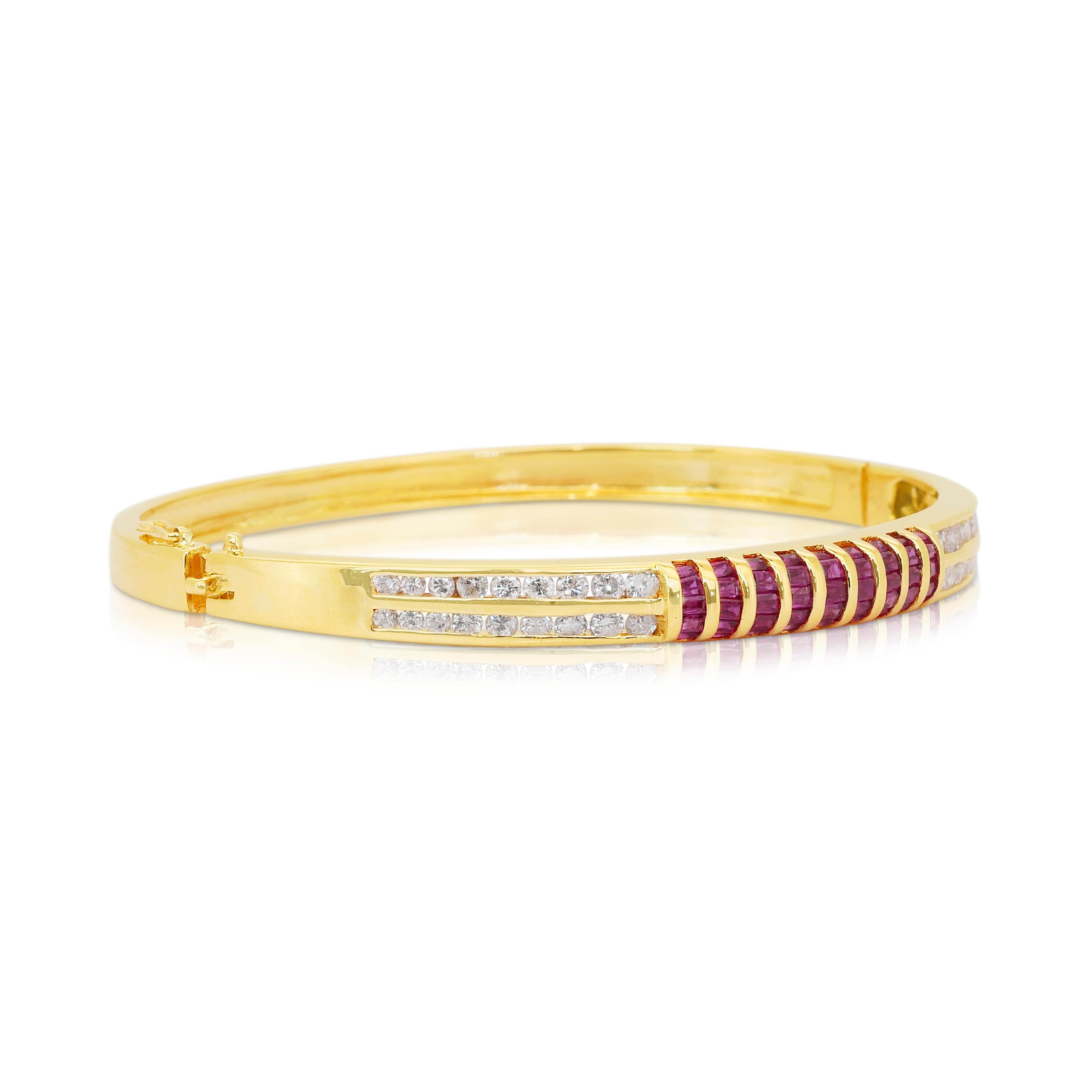 Baguette Cut Mesmerizing 2.96ct Rubies and Diamonds Bracelet in 18k Yellow Gold For Sale