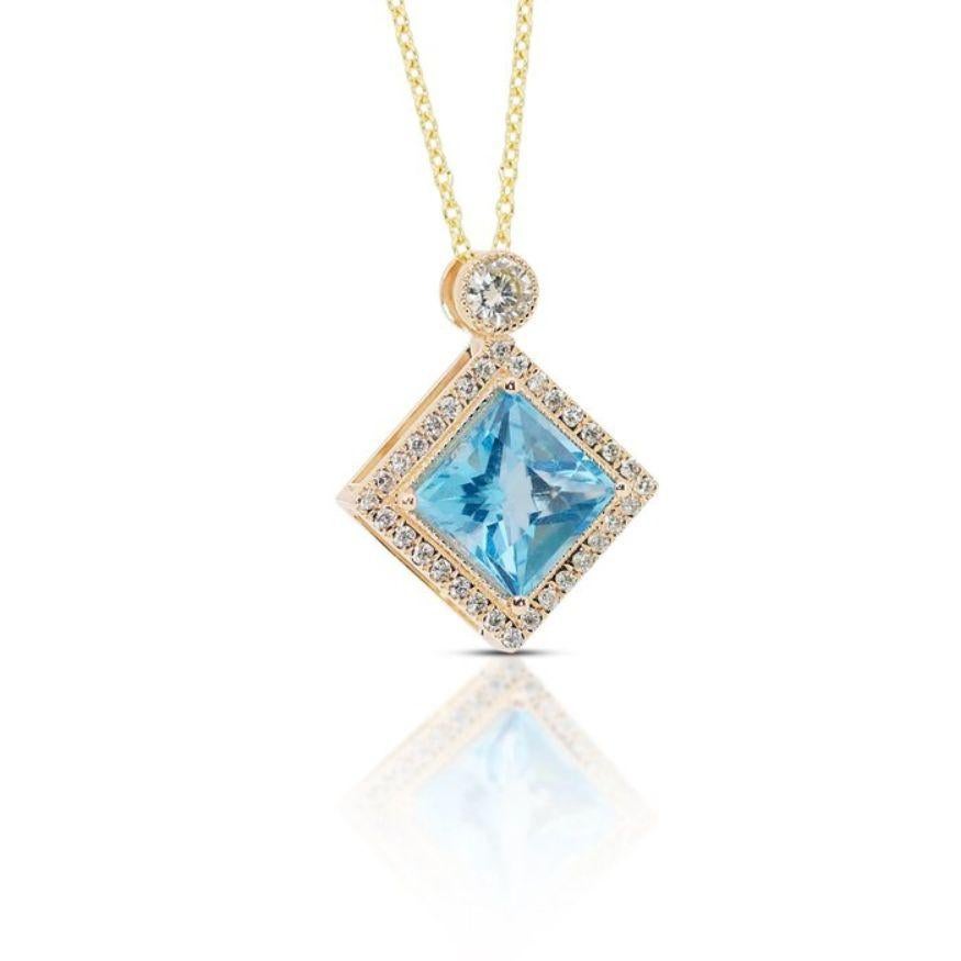 This enchanting necklace features a breathtaking square mixed-cut topaz as its centerpiece, boasting a remarkable weight of 3.49 carats. The topaz exhibits an intense blue hue, reminiscent of the azure depths of the ocean, captivating the beholder