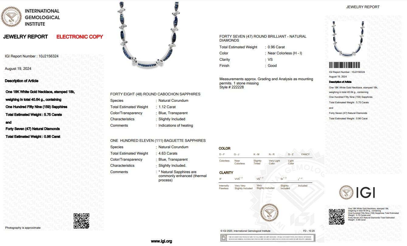 Collier en or blanc 18 carats avec saphirs et diamants de 6,71 carats, certifié IGI Pour femmes en vente
