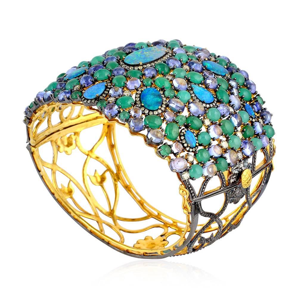 Women's Mesmerizing Opal, Diamonds, Emerald and Tanzanite Cuff Bracelet