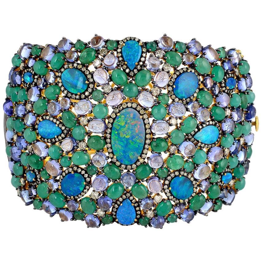 Mesmerizing Opal, Diamonds, Emerald and Tanzanite Cuff Bracelet