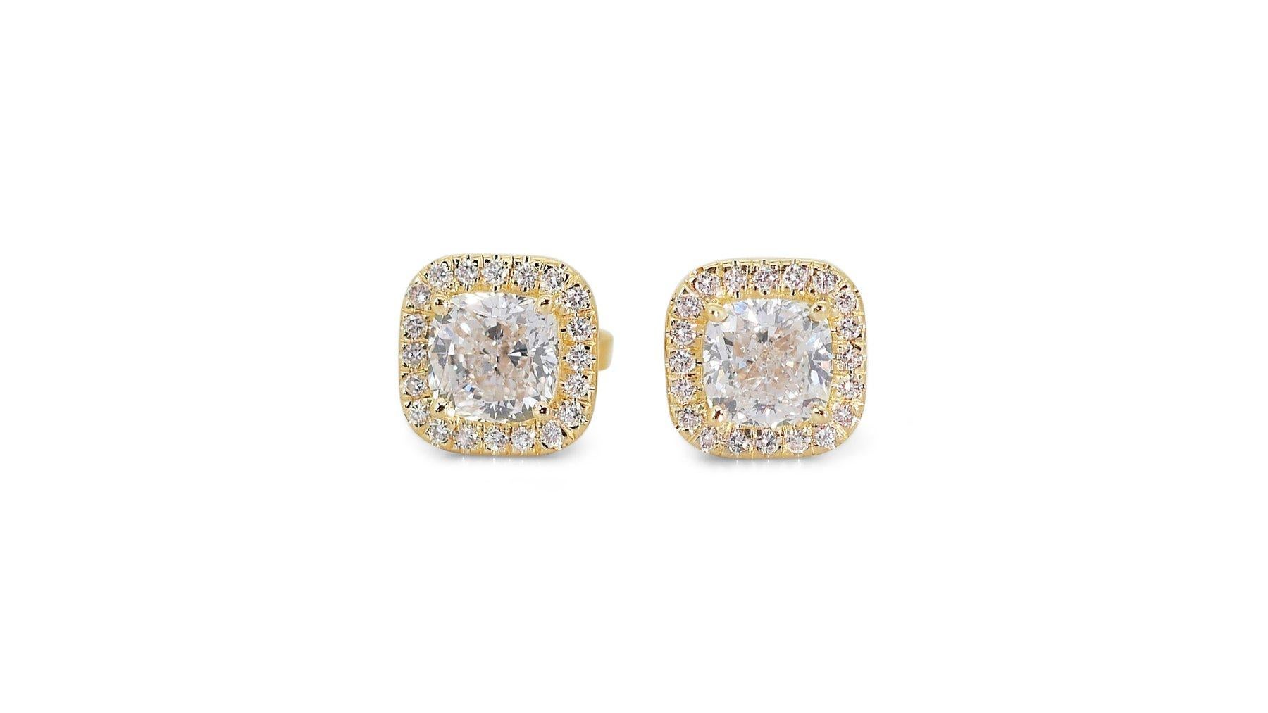 Cushion Cut Mesmerizing Pair of Earrings with 3 carat Cushion Shape Natural Diamonds For Sale