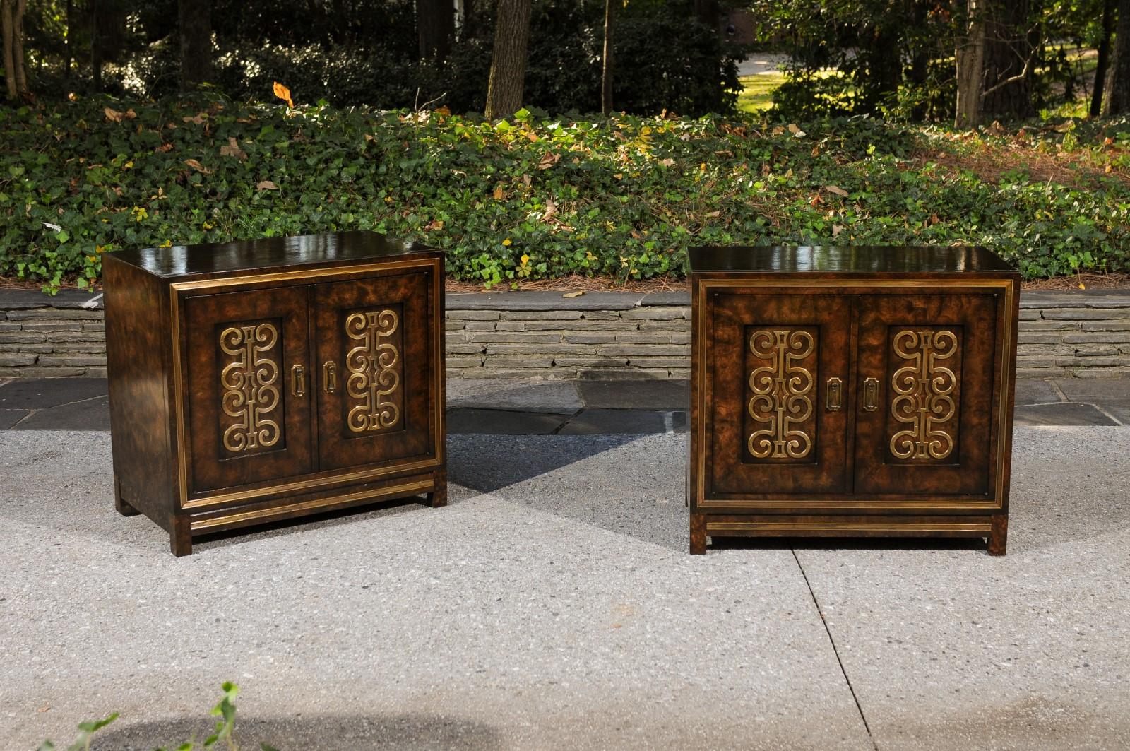 These magnificent commodes are shipped as professionally photographed and described in the listing narrative: Meticulously professionally restored and completely installation ready.

A stunning pair of cabinets by William Doezema for his boutique