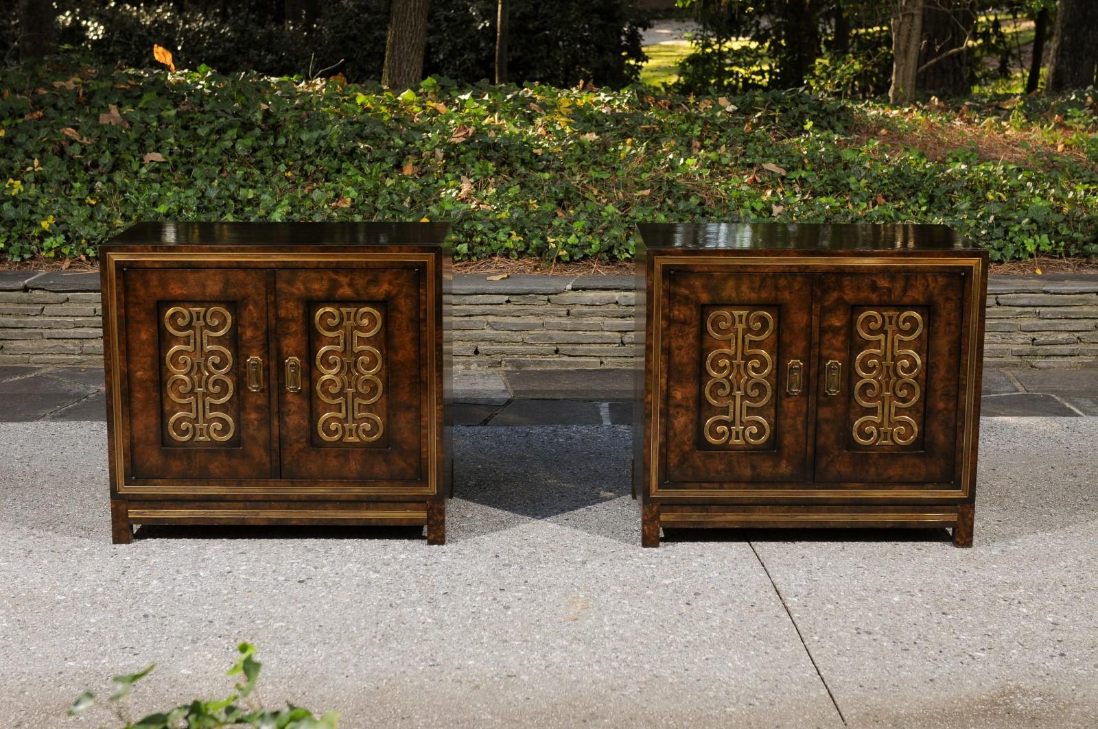 Mid-Century Modern Mesmerizing Pair of Lacquer and Brass Cabinets by William Doezema, circa 1970 For Sale