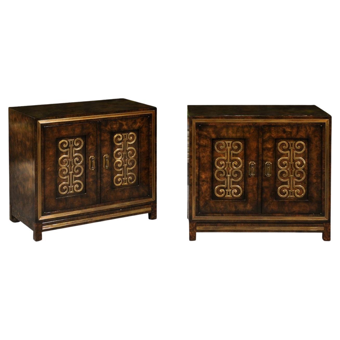 Mesmerizing Pair of Lacquer and Brass Cabinets by William Doezema, circa 1970