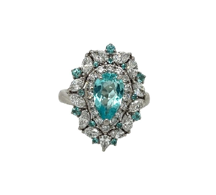 In a beautiful platinum setting, a gorgeous Pear-shaped Paraiba is surrounded by lovely diamonds. This was accented by a gorgeous pure Pear Paraiba. The ring is a real spectacle.
*****
Details:
►Metal: Platinum
►Natural Gemstone: Paraiba
►Gemstone