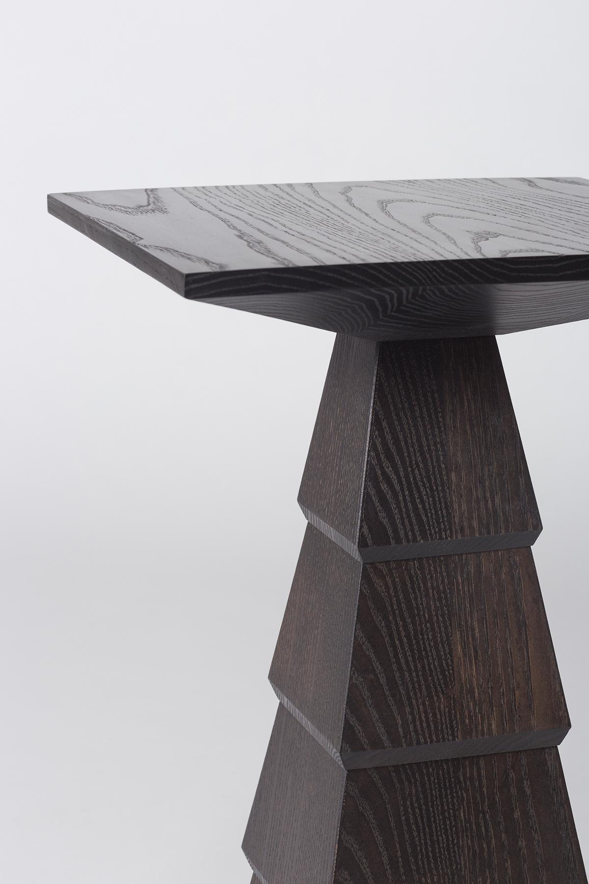 Art Deco Meso Side Table in Brutalist Shape with Rich and Contrasting Woods
