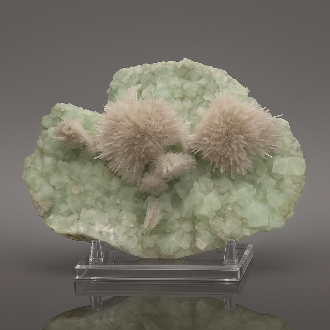 Mesolite sur apophyllite verte d'Inde en vente 2