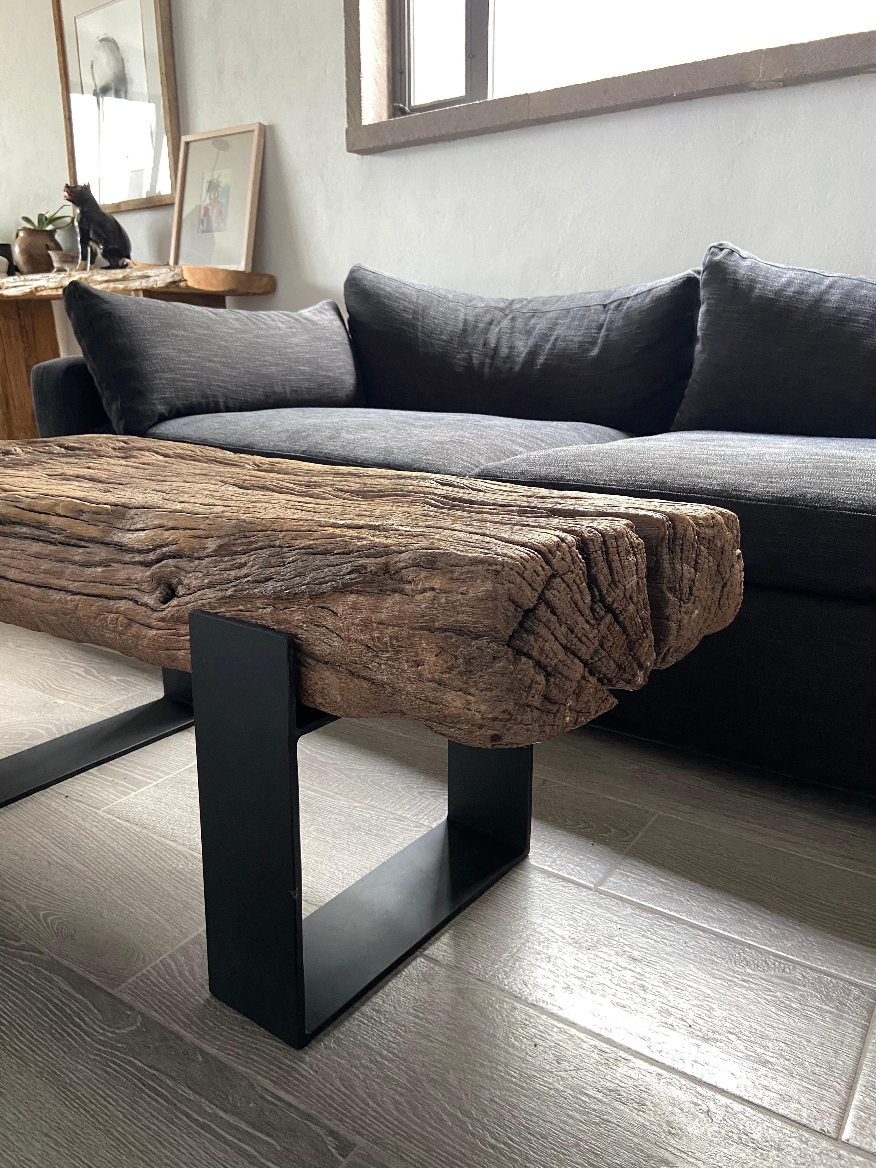 Modern Mesquite Plank Table with Iron Bases by Artefakto For Sale