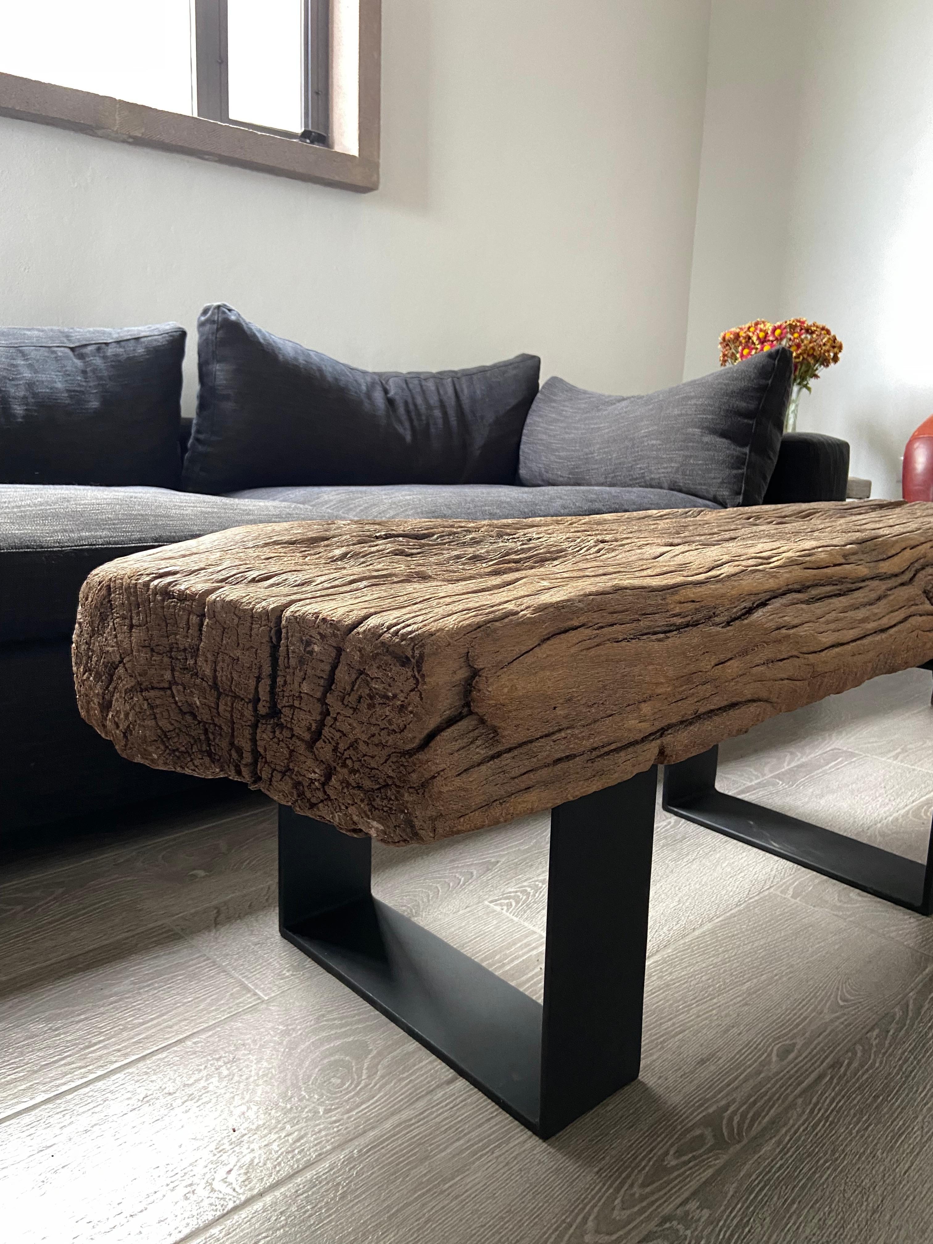 Mexican Mesquite Plank Table with Iron Bases by Artefakto For Sale