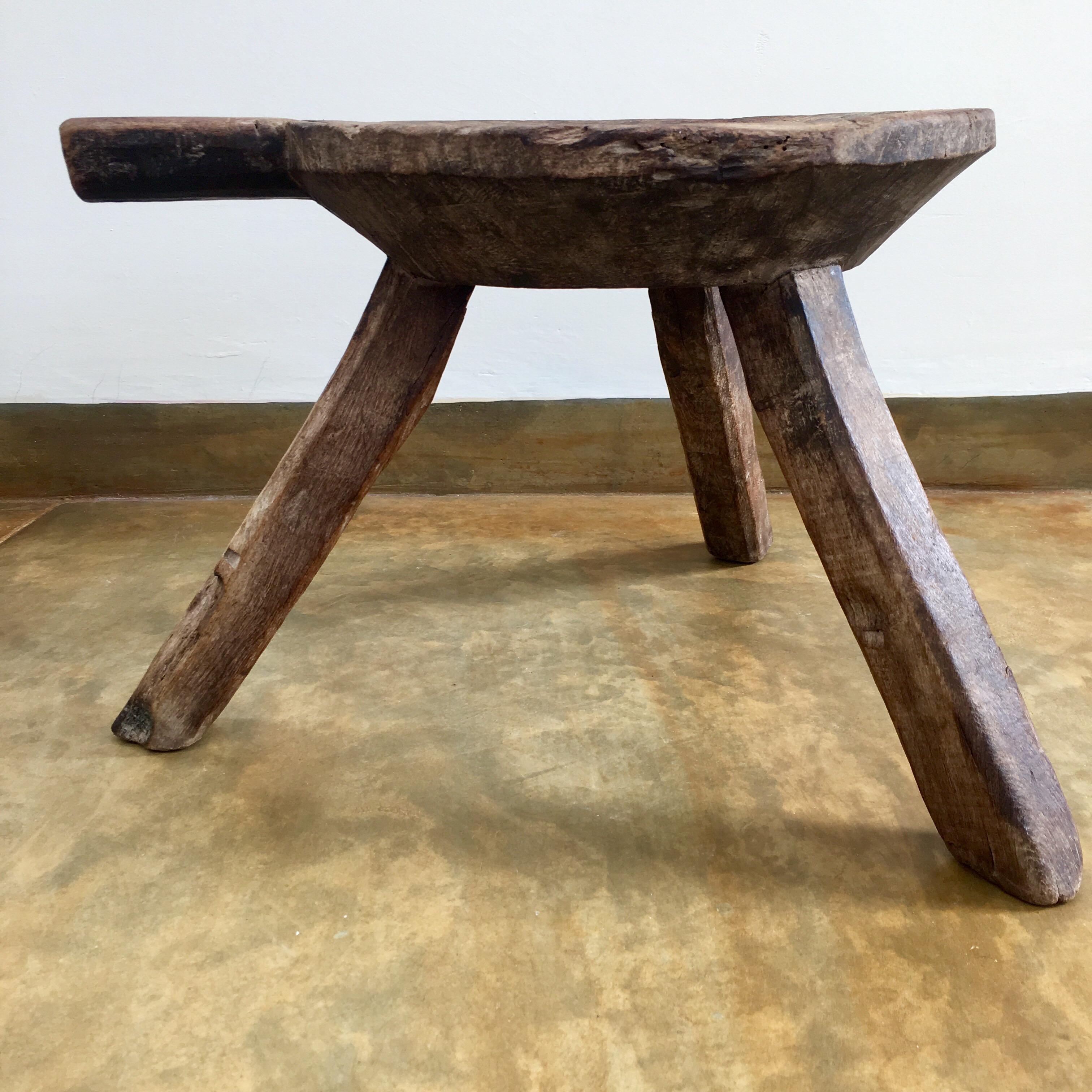 Three-legged mesquite stool from San Luis Potosi, Mexico with handle. Sturdy, completely intact. Beautiful patina. 18