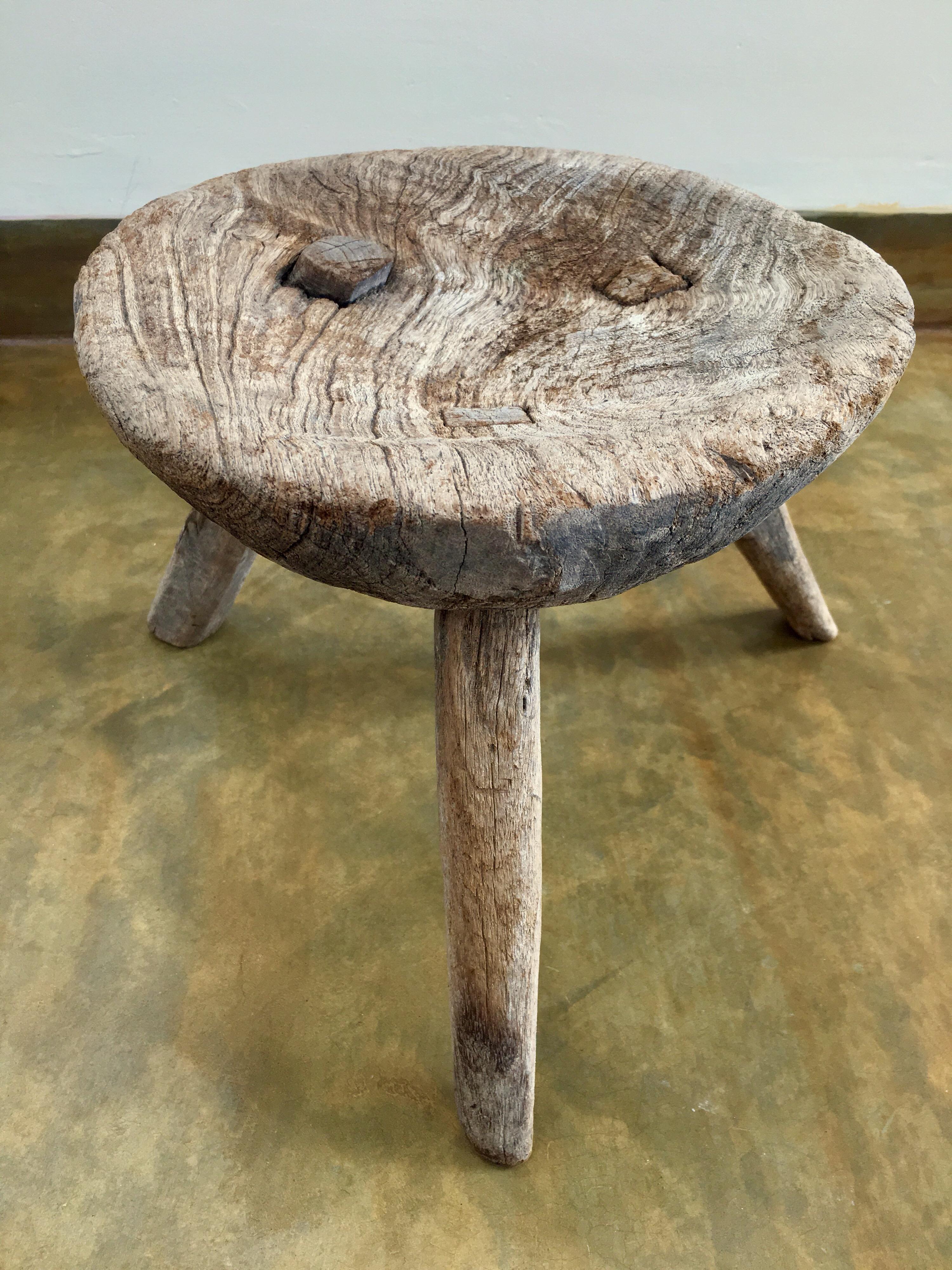 Mini, three-legged mesquite stool from San Luis Potosi, Mexico. Sturdy, completely intact. Beautiful patina. 18