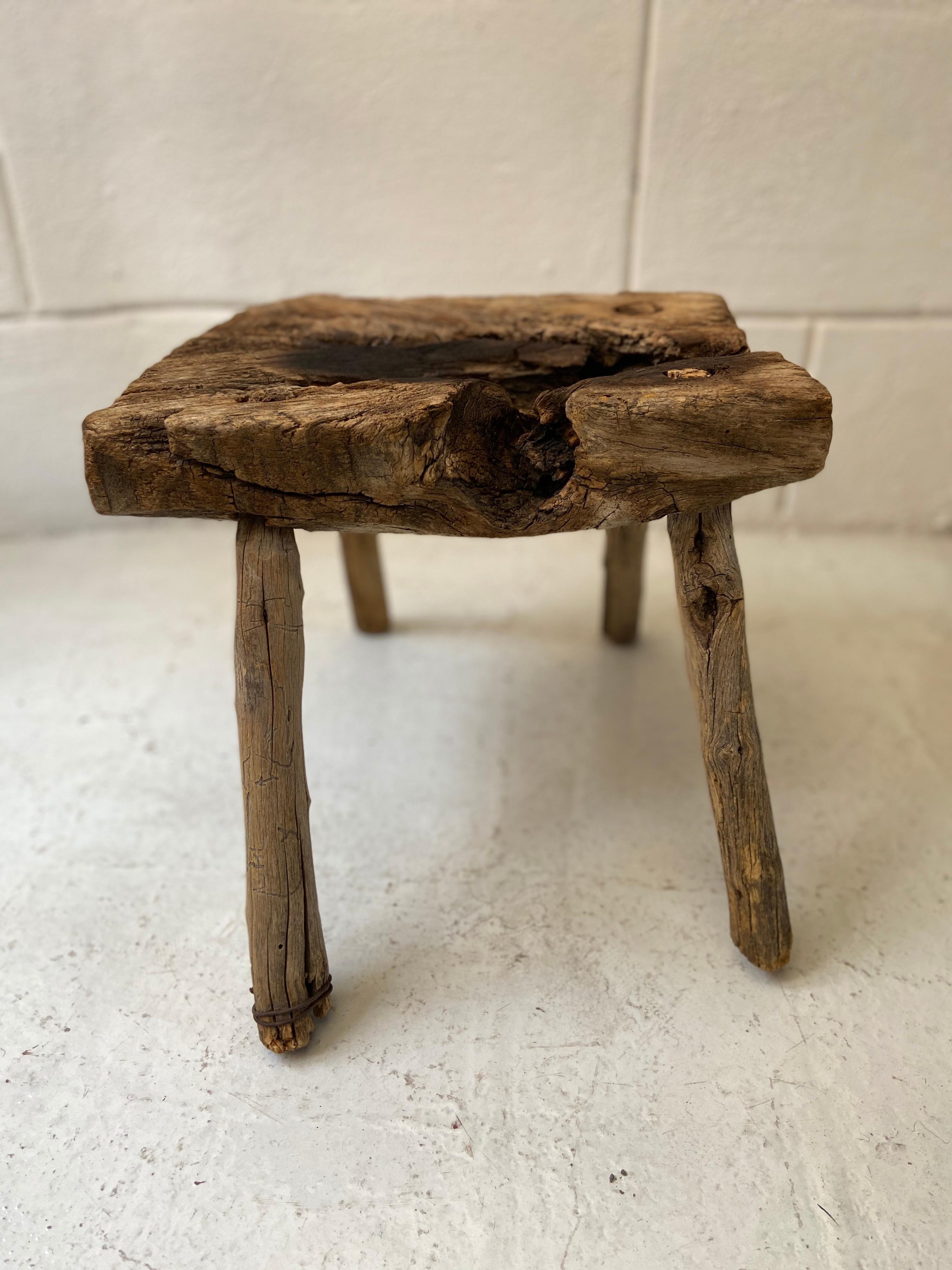 Rustic Mesquite Stool from Mexico, circa 1950s