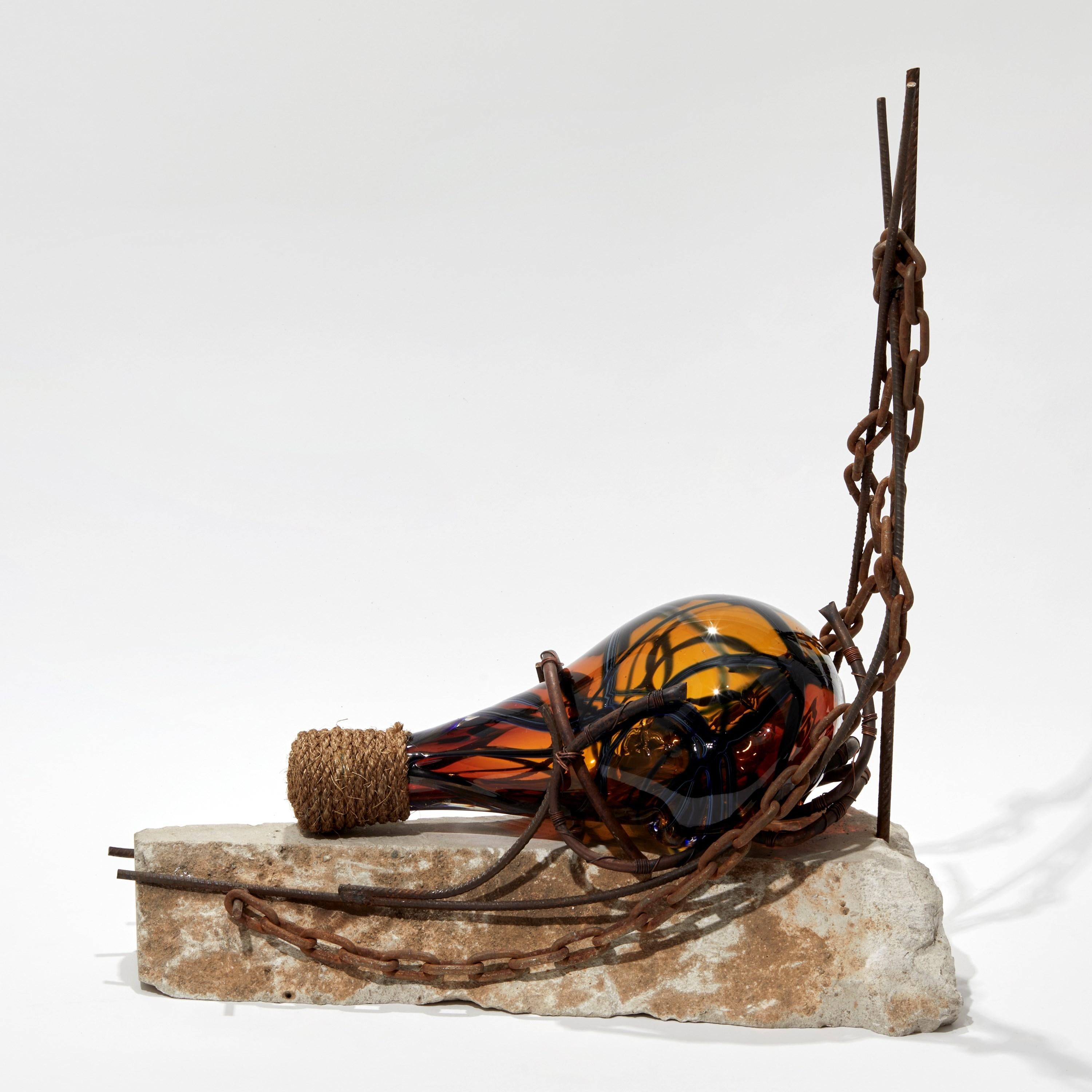 Organic Modern Message in a Bottle, Glass, Steel, Copper & Limestone Sculpture by Chris Day For Sale