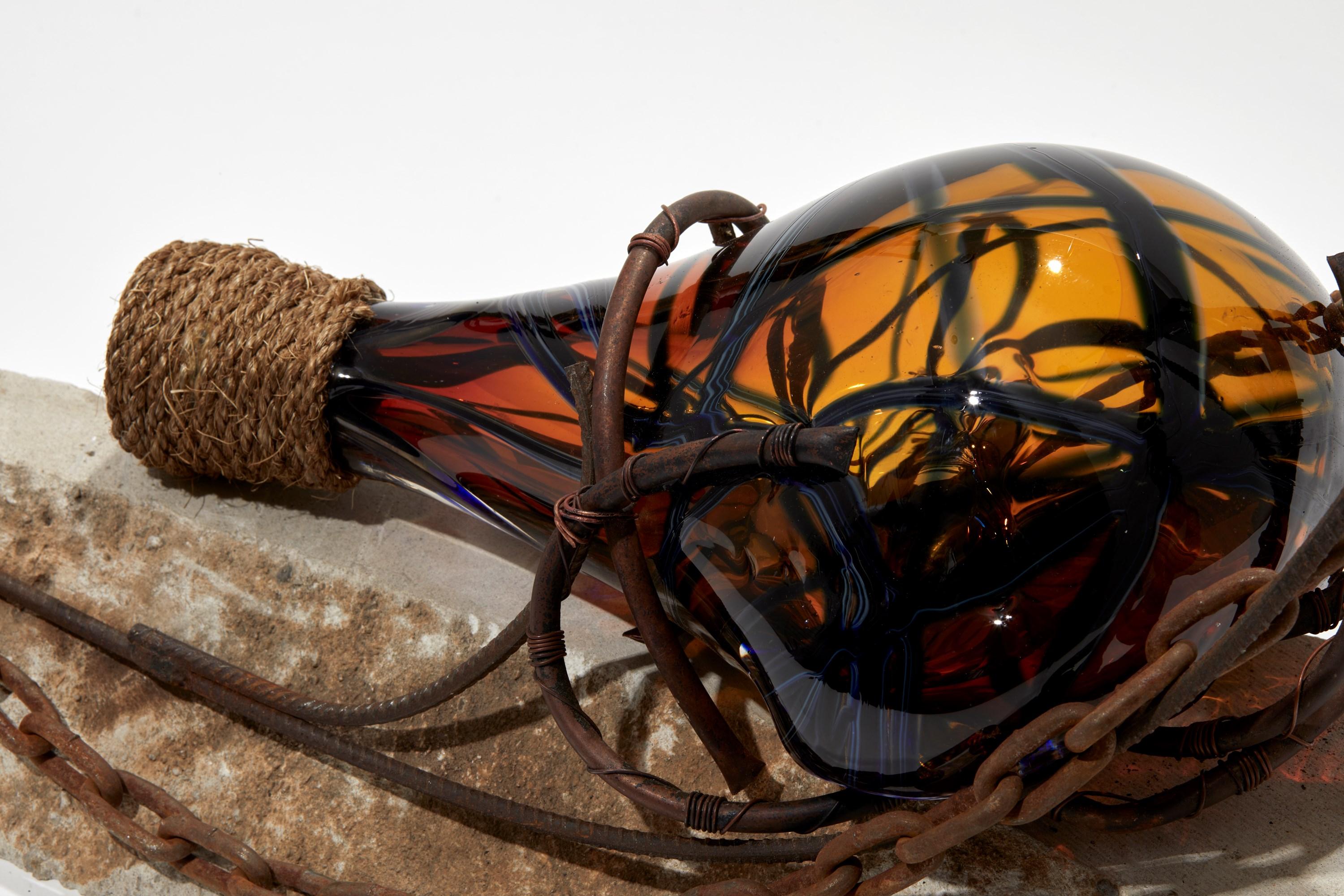Hand-Crafted Message in a Bottle, Glass, Steel, Copper & Limestone Sculpture by Chris Day For Sale