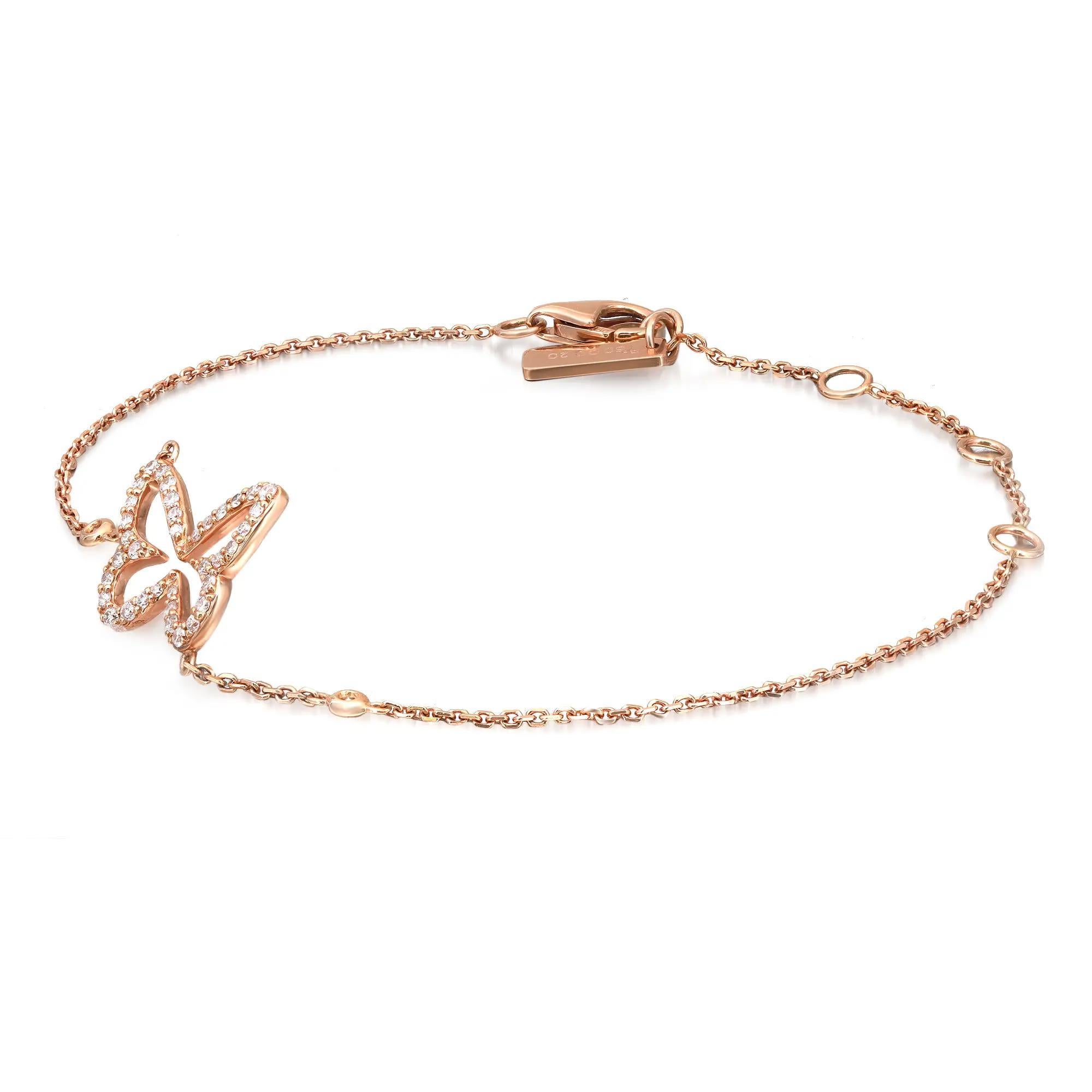 Schmetterlinge sind tiefe und kraftvolle Darstellungen des Lebens. Kaufen Sie dieses besondere Messika Butterfly Ajoure Taille Diamantkettenarmband aus 18 Karat Roségold. In der Mitte ist ein Schmetterlingsmotiv ausgeschnitten und mit runden