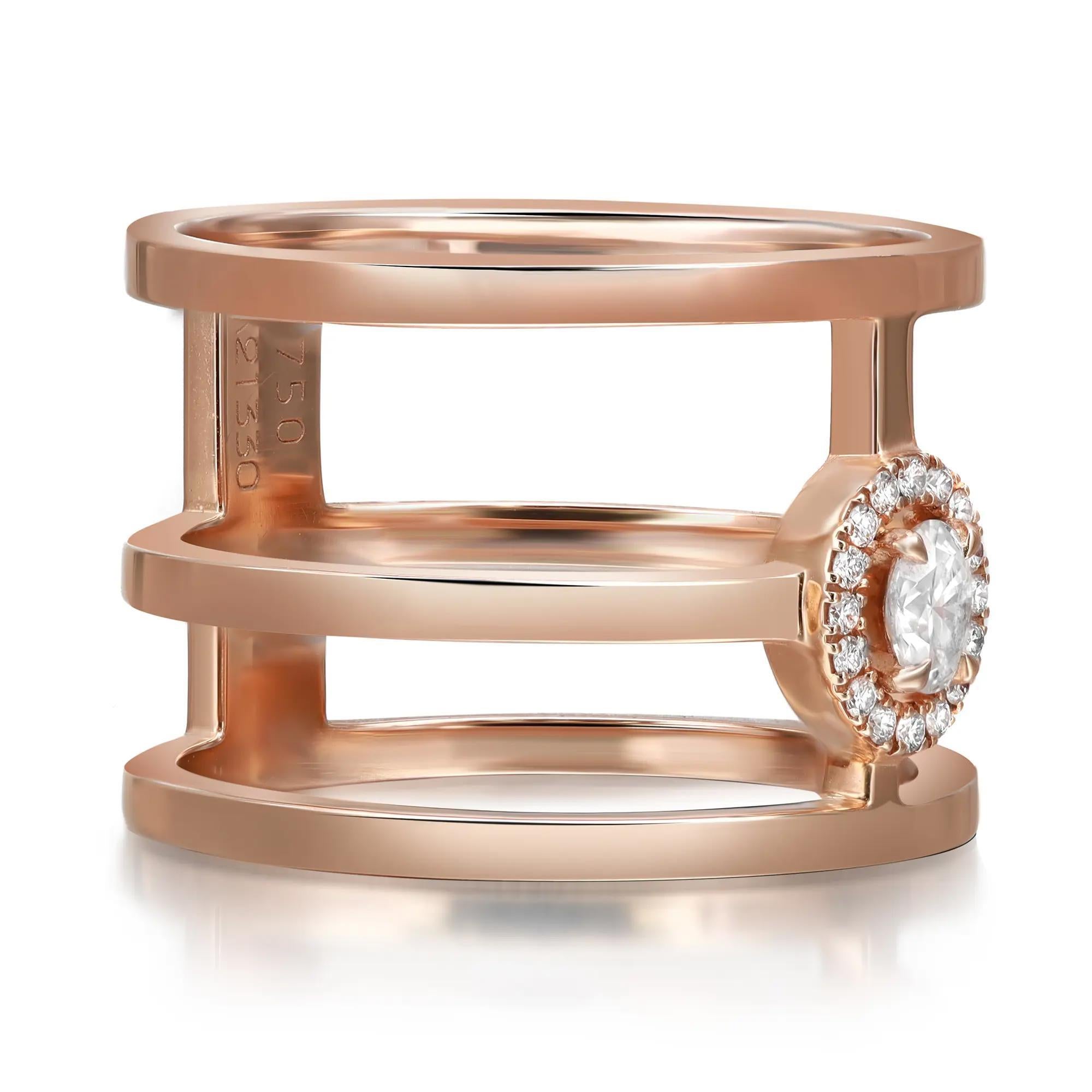 Sprechen Sie von dem kühnen und schönen Messika Glam'Azone Diamantring mit breitem Band. Dieser Ring zeigt einen schimmernden ovalen Diamanten in der Mitte, umgeben von einem Halo aus runden Diamanten im Brillantschliff in einem 3-Band-Ring.