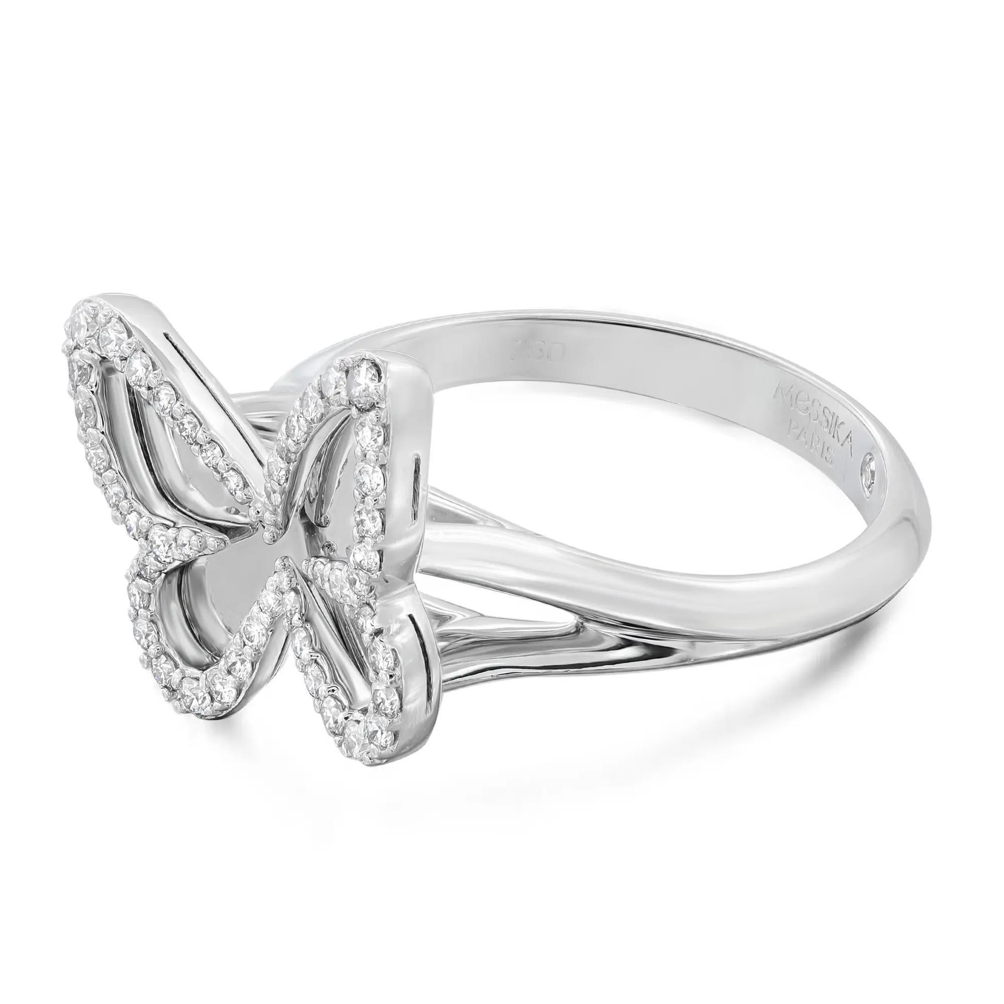 Fun and quirky, Plaque Butterfly diamond ring from Messika. This beautiful ring features a mirror effect crafted in lustrous 18K white gold. Adorned with pave set dazzling round brilliant cut diamonds weighing 0.27 carat. Diamond color G and clarity