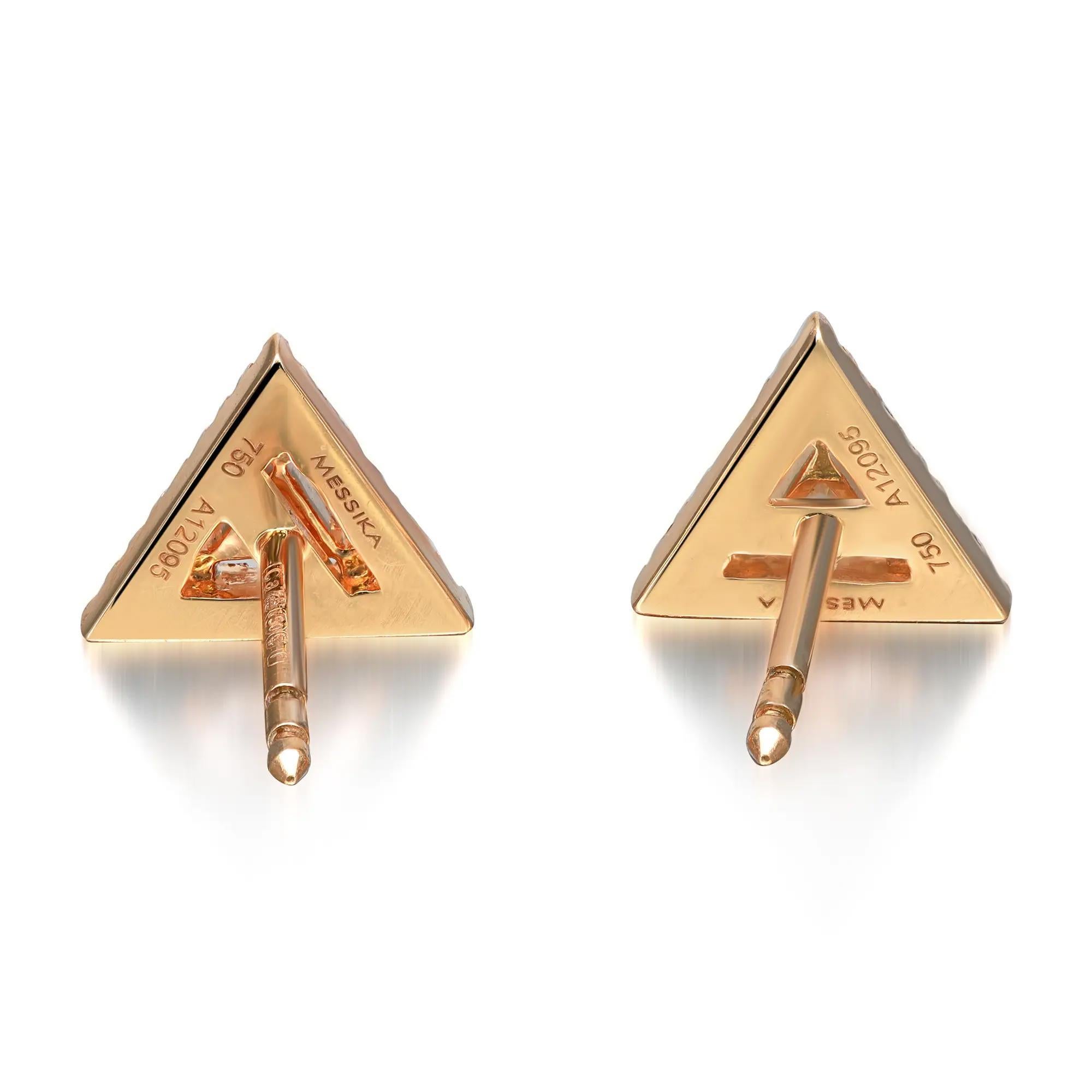 Brighten up your ear game with these sparkling Messika Thea diamond stud earrings. Crafted in 18K rose gold. Features center prong set triangular diamond with round cut diamond halo weighing 0.27 carat. Diamond color G and clarity VS. Chic, timeless