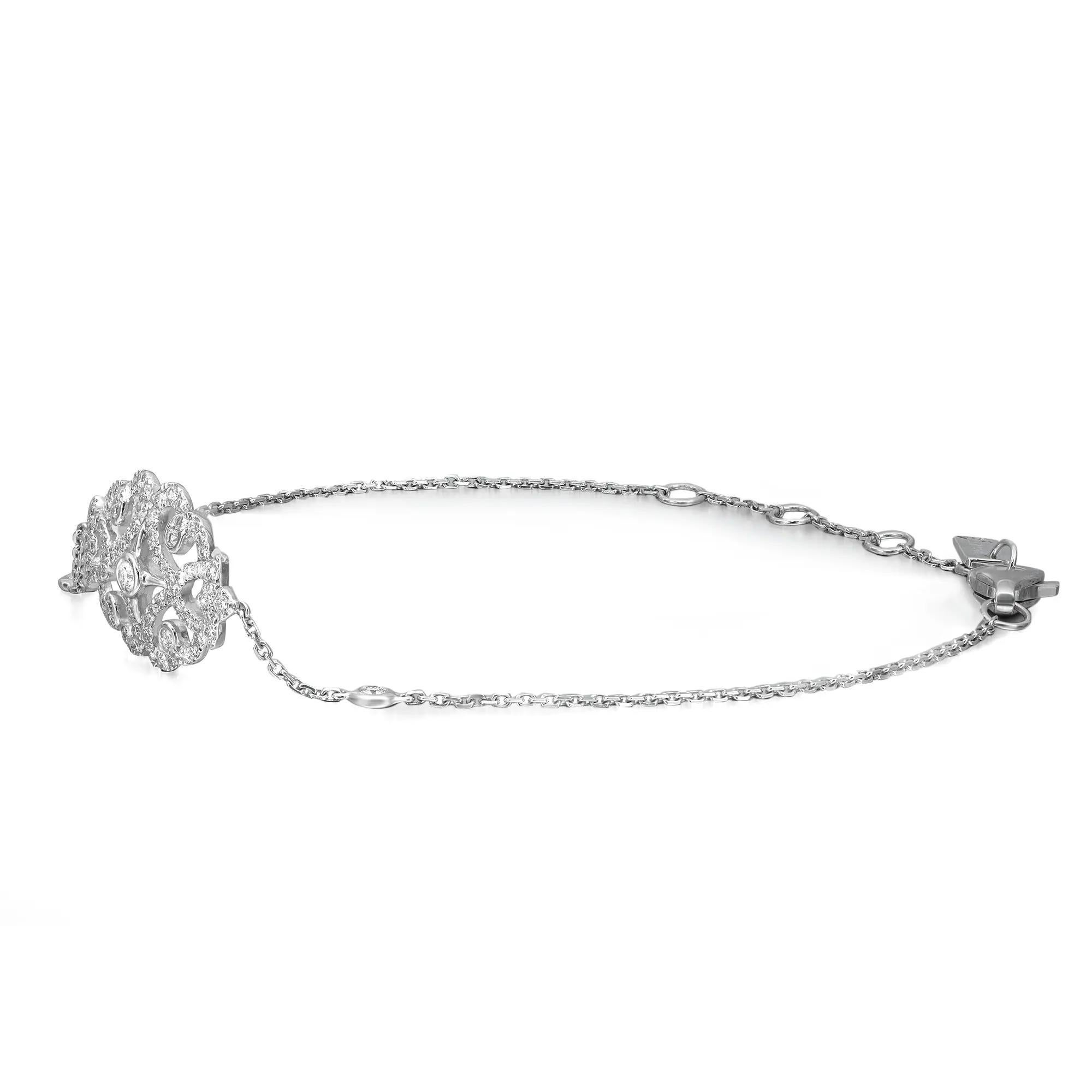 Obtenez un look quotidien parfait et éblouissant avec ce magnifique bracelet à chaîne en apesanteur de la collection Messika Sultane. Whiting en or blanc 18 carats poli. Il est empilable et facile à combiner. Ce bracelet présente un motif floral