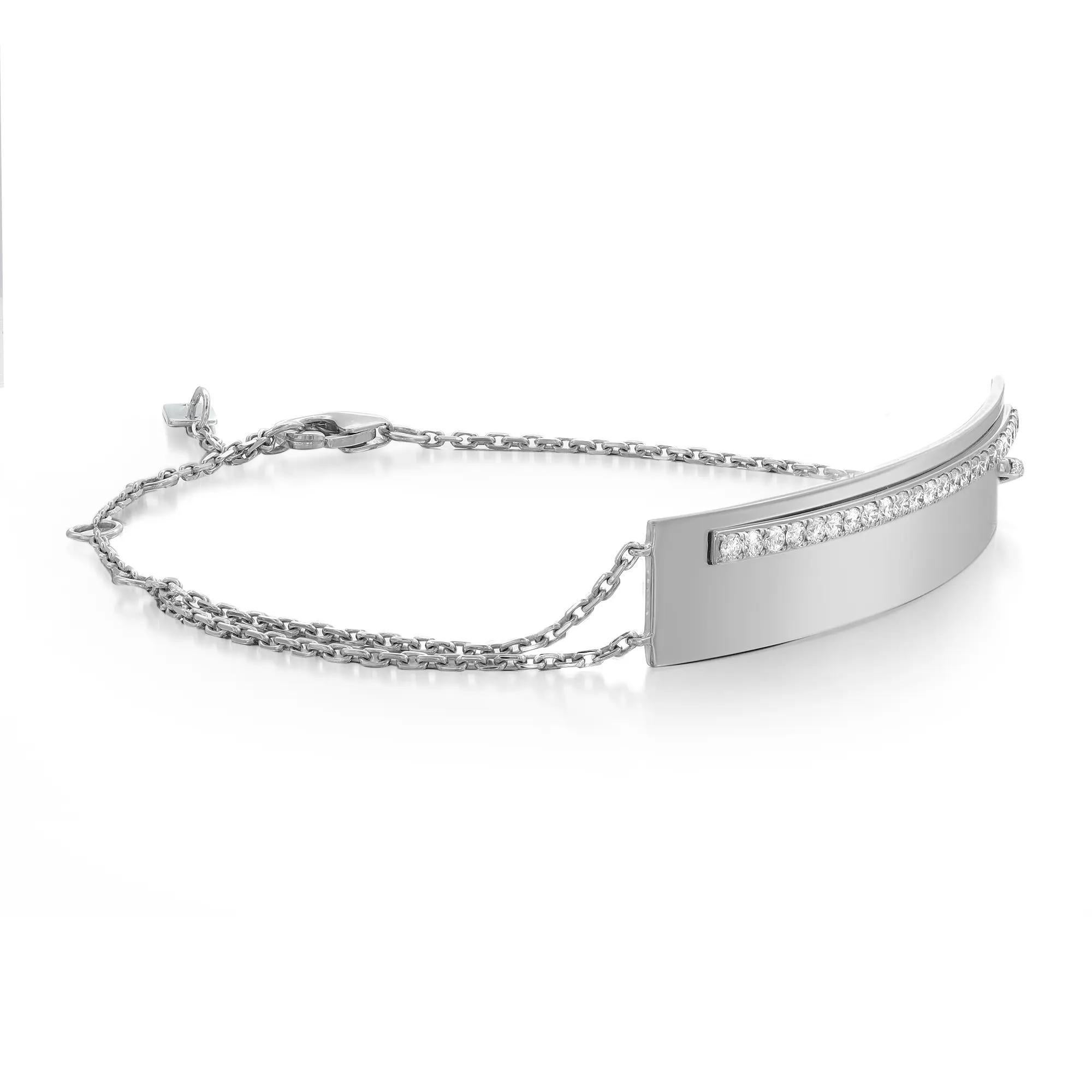 Make an elegant statement with this simple and appealing Messika Kate Sur Chaine diamond ID bracelet. Features a curved id tag at the center with a row of pave set round brilliant cut diamonds along with a curb Cuban link chain attached to a diamond