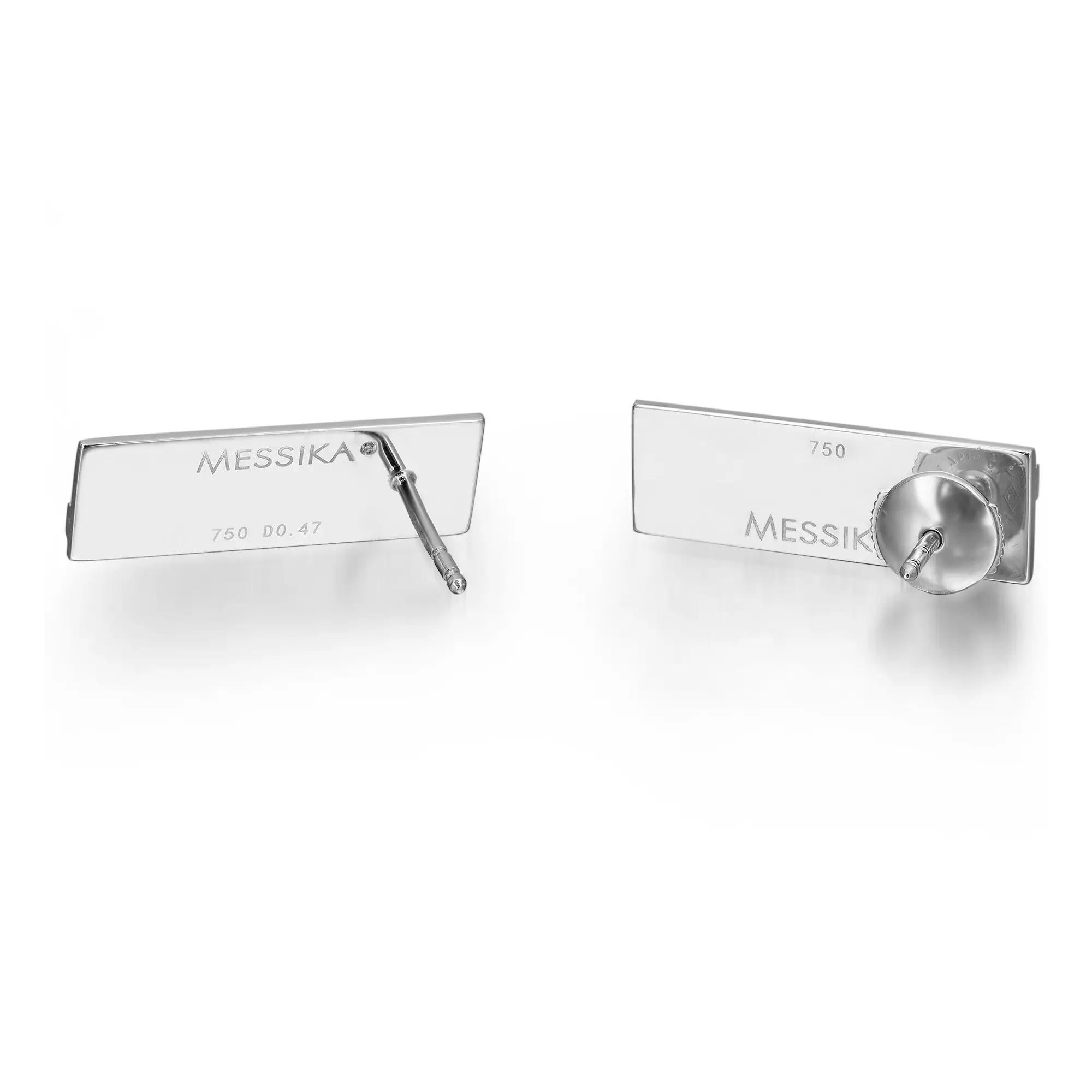 Certain to delight, this beautiful statement piece from the Messika Kate collection is perfect for day or night. Crafted in high polished 18K white gold. These vertical bar drop earrings showcase pave set round brilliant cut diamonds weighing 0.47