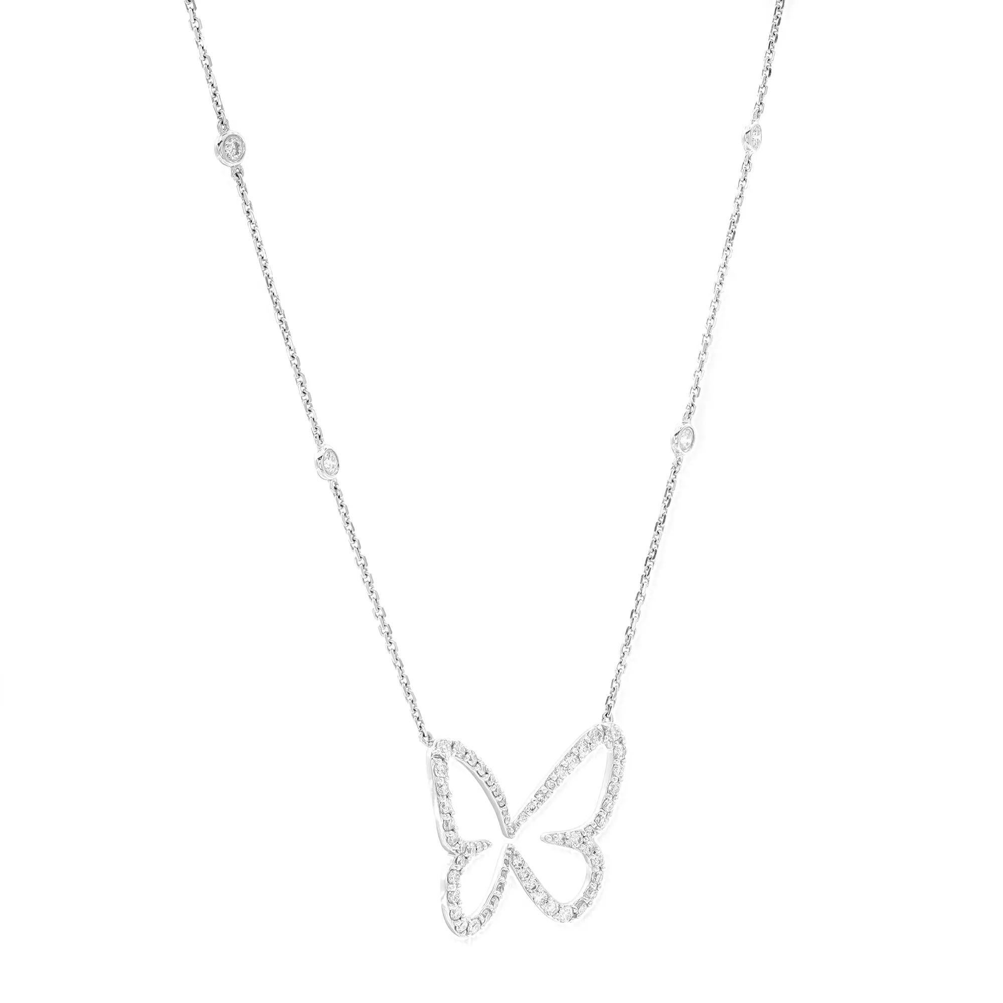 Taille ronde Messika 0.57Cttw Butterfly Ajoure Diamond Pendant Necklace 18K White Gold 17 In