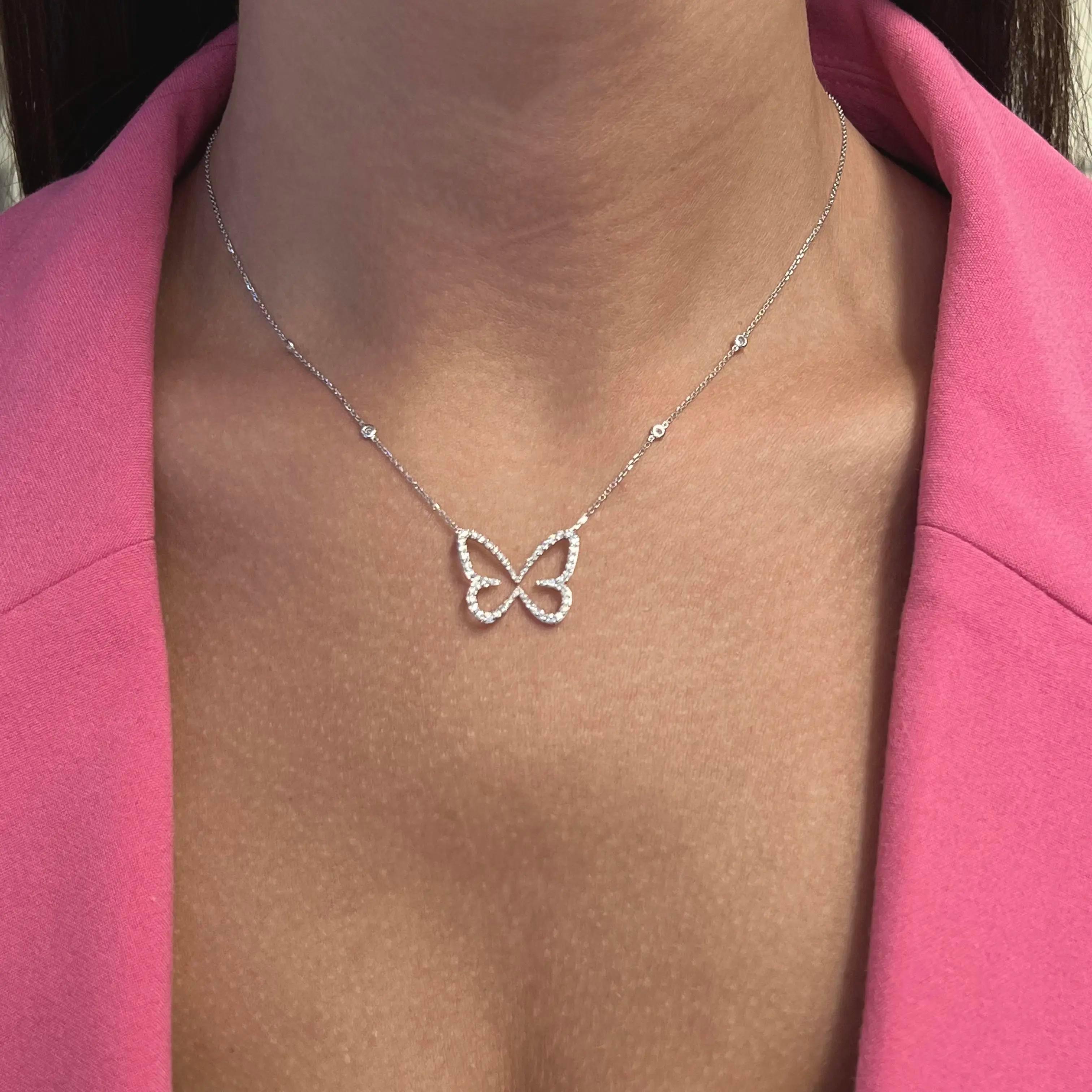 Messika 0.57Cttw Butterfly Ajoure Diamond Pendant Necklace 18K White Gold 17 In Neuf à New York, NY