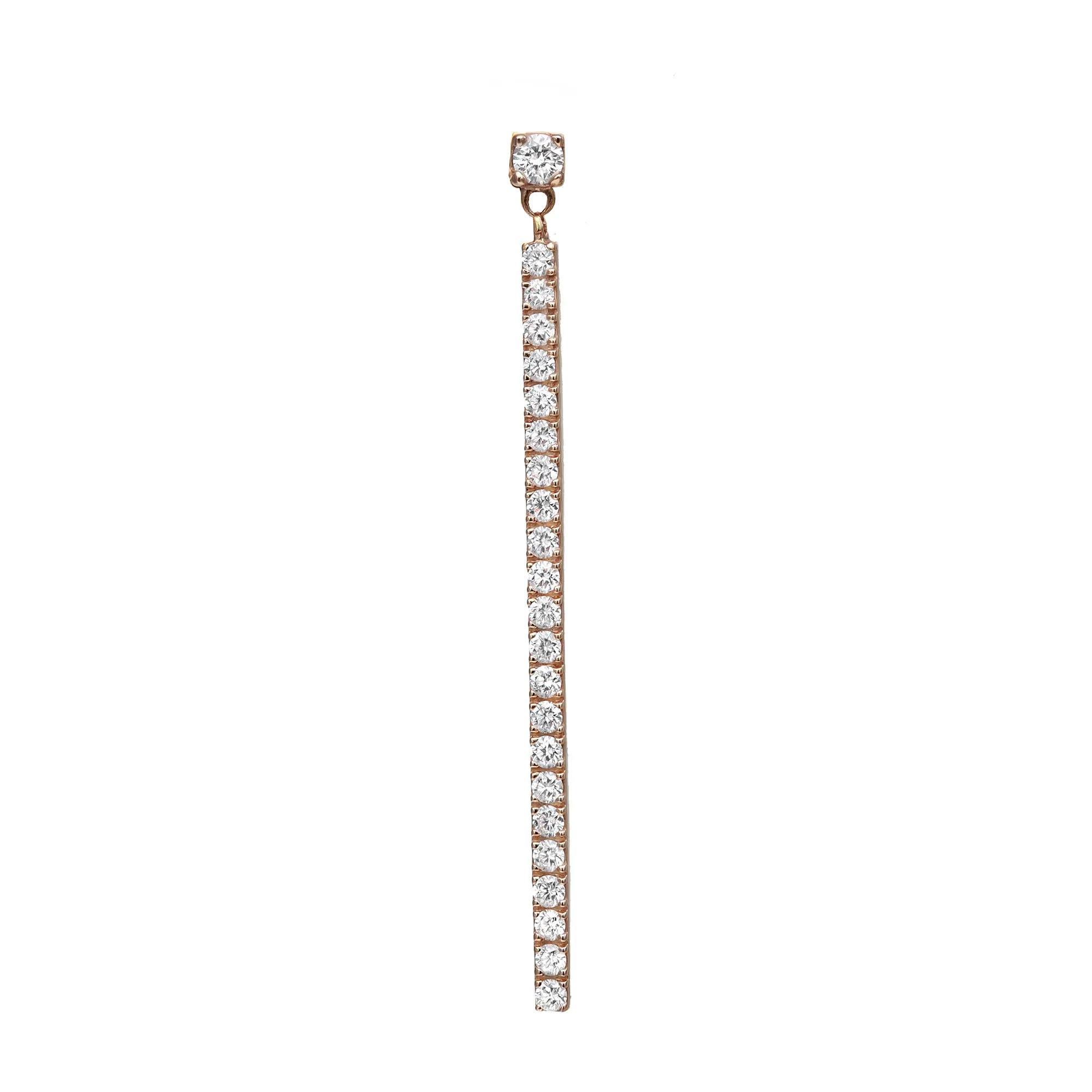 Shimmering round diamonds sway along these Messika Barrette Gatsby diamond long drop earrings. Crafted in 18K rose gold. Features a single row of pave set round brilliant cut diamonds with a prong set round diamond on the top. Secured with push