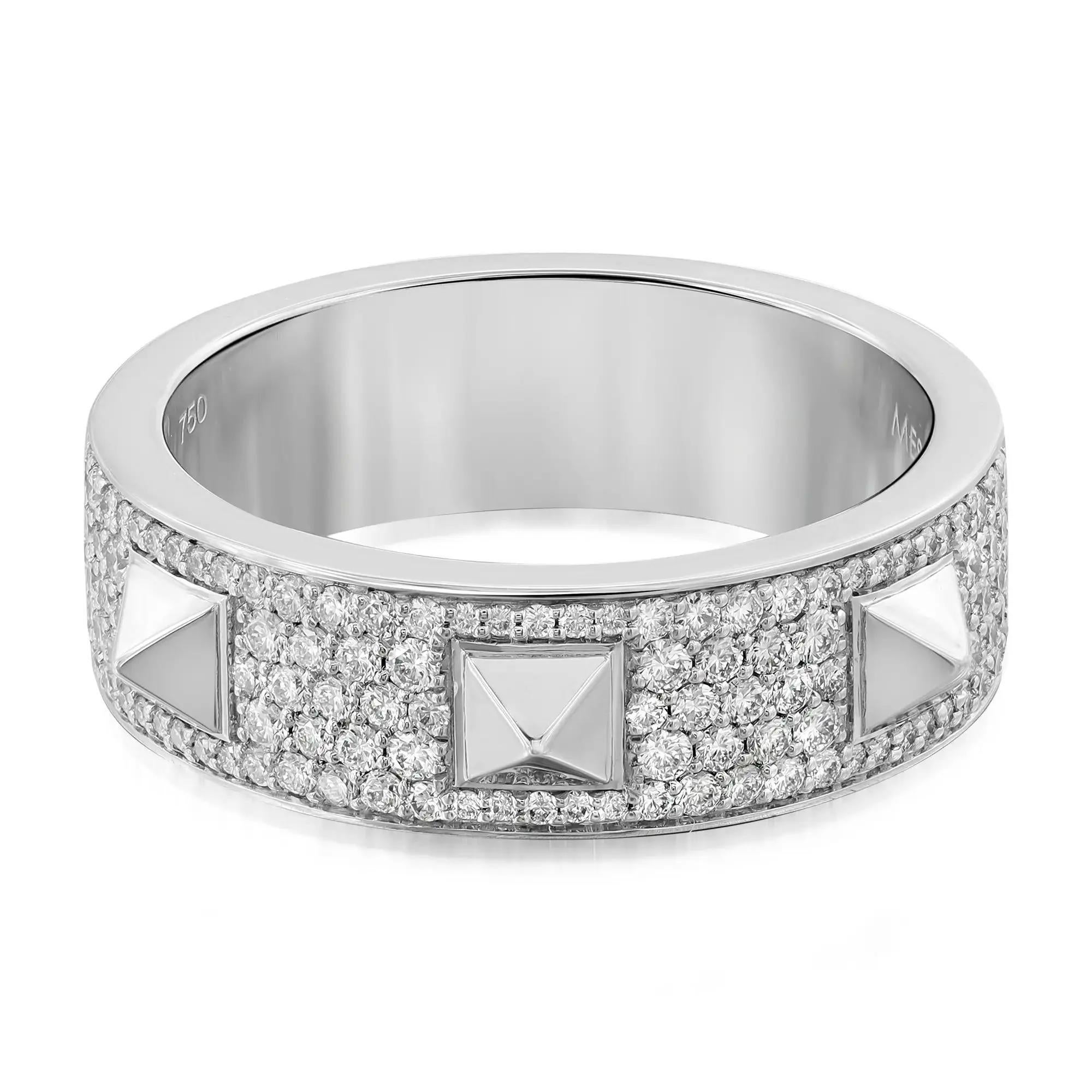 Bold and contemporary, Messika Spiky diamond band ring. Crafted in lustrous 18K white gold. It features pave set round brilliant cut diamonds studded halfway through the band with three spikes giving it a unique look. Total diamond weight: 0.61