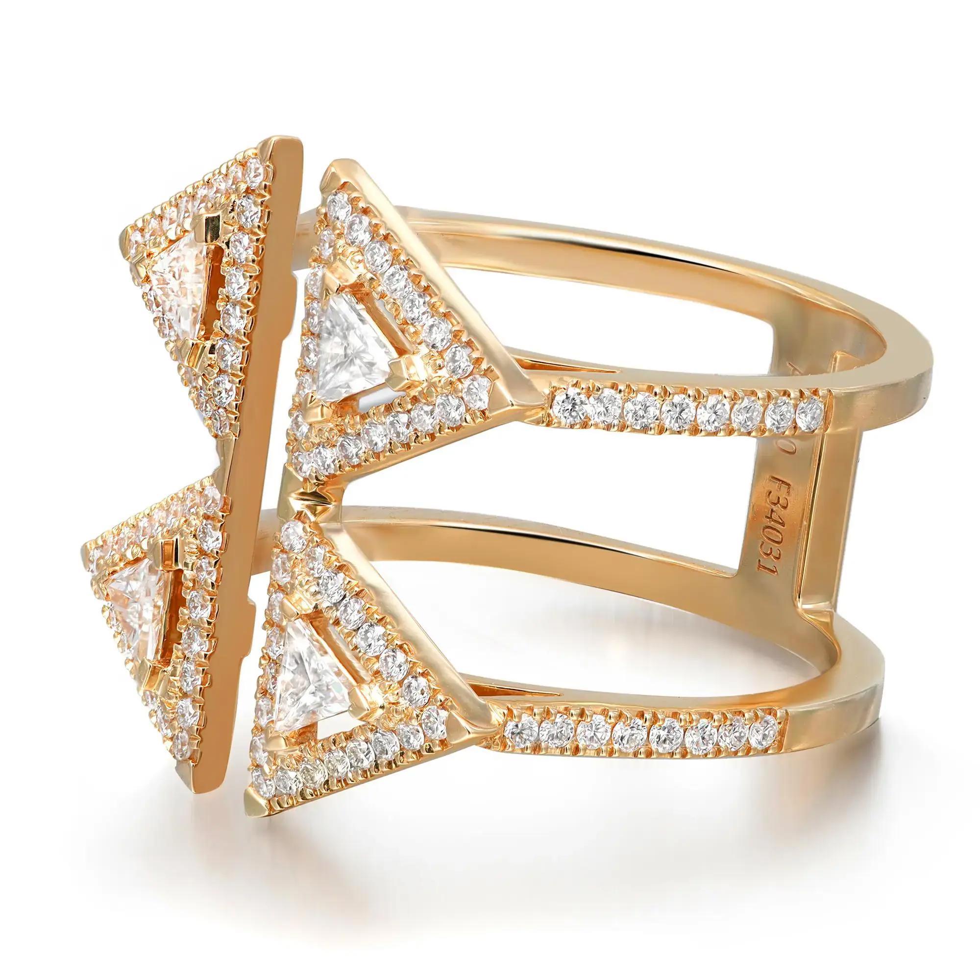 Unique and stylish, Messika Thea Toi & Moi diamond ring. Crafted in lustrous 18K yellow gold. This wide cocktail band ring features four triangular diamonds framed in a round cut diamond halo in pave setting with diamond accents on both sides. Total