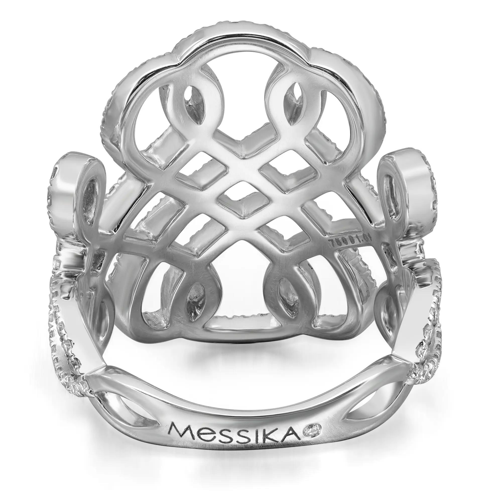 Dazzle away with this gorgeous Messika Promess wide band ring. Crafted in 18K white gold. Showcasing pave set round brilliant cut diamonds set in a spiral pattern weighing 1.00 carats. Diamond quality: G color and VS clarity. Ring size: 53 US 6.5.