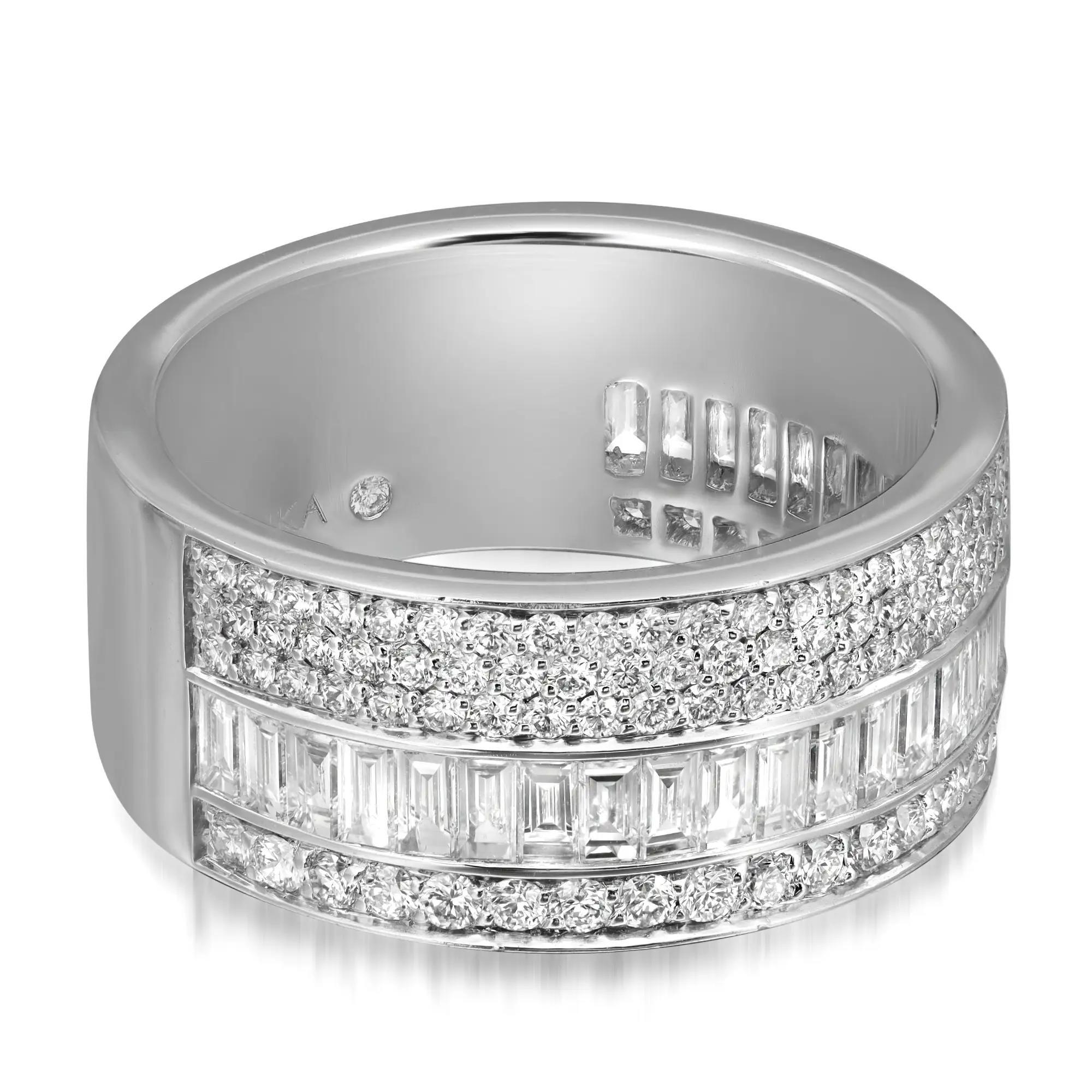 Shimmering and elegant, Messika Liz diamond band ring. Crafted in lustrous 18K white gold. This beautiful ring is adorned with channel set baguette cut diamonds in the center row with pave set round brilliant cut diamonds studded halfway through the