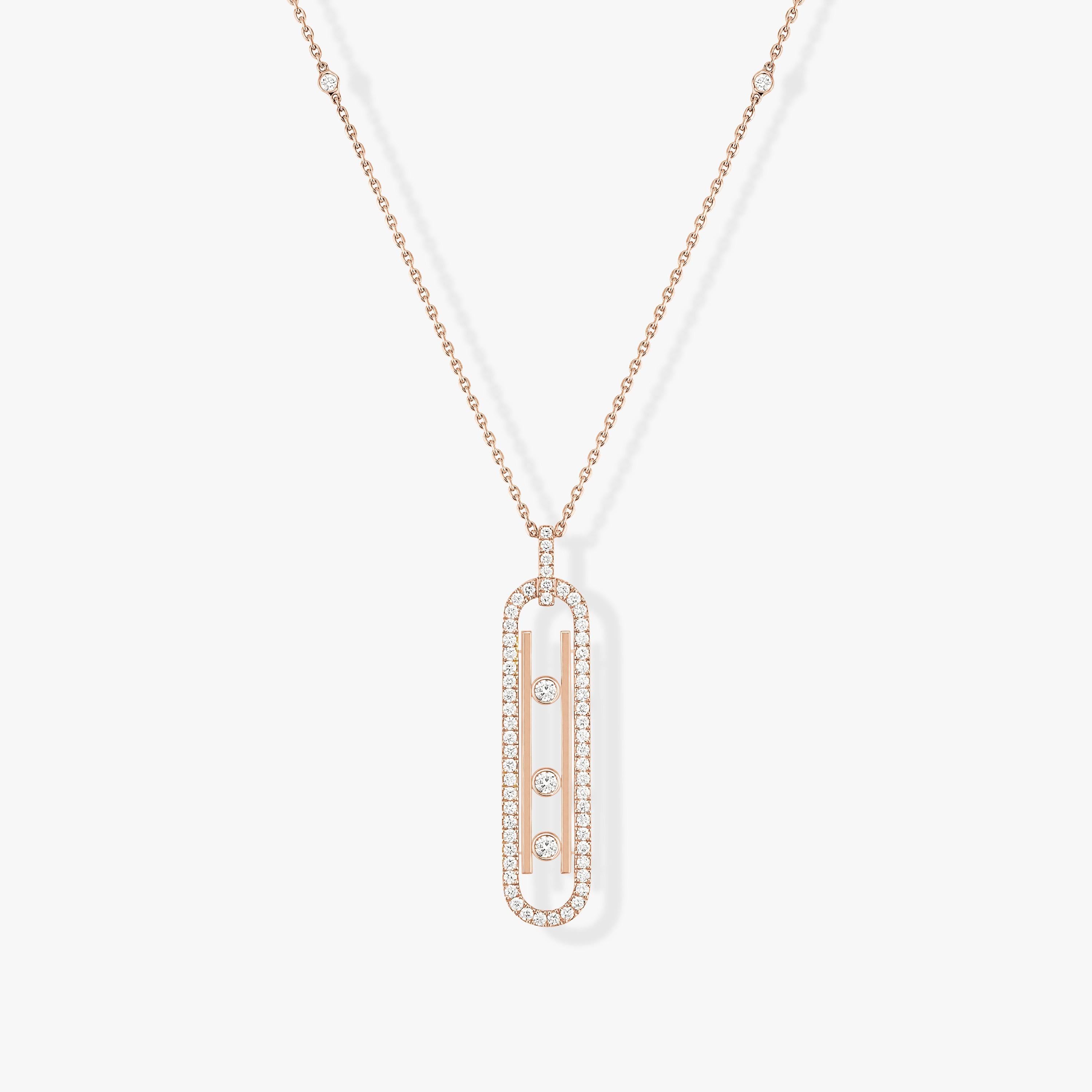 With this 18 carat pink gold pavé diamond necklace from the Move 10th jewelry collection, Messika has returned to the graphic style of this line, a tribute to the 10th anniversary of an iconic luxury jewelry collection.
 
This diamond necklace for