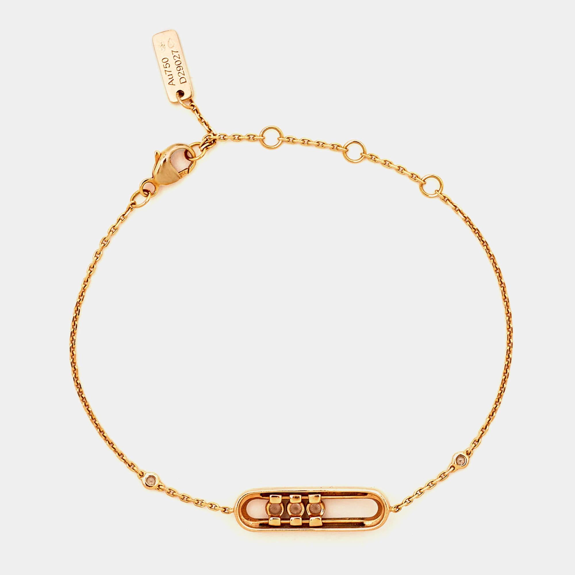 The Move is an iconic collection of house Messika, a line that embodies love and romance through three moving diamonds set in simple designs. This beautiful bracelet is fully handcrafted from 18k rose gold into a minimal yet timeless silhouette