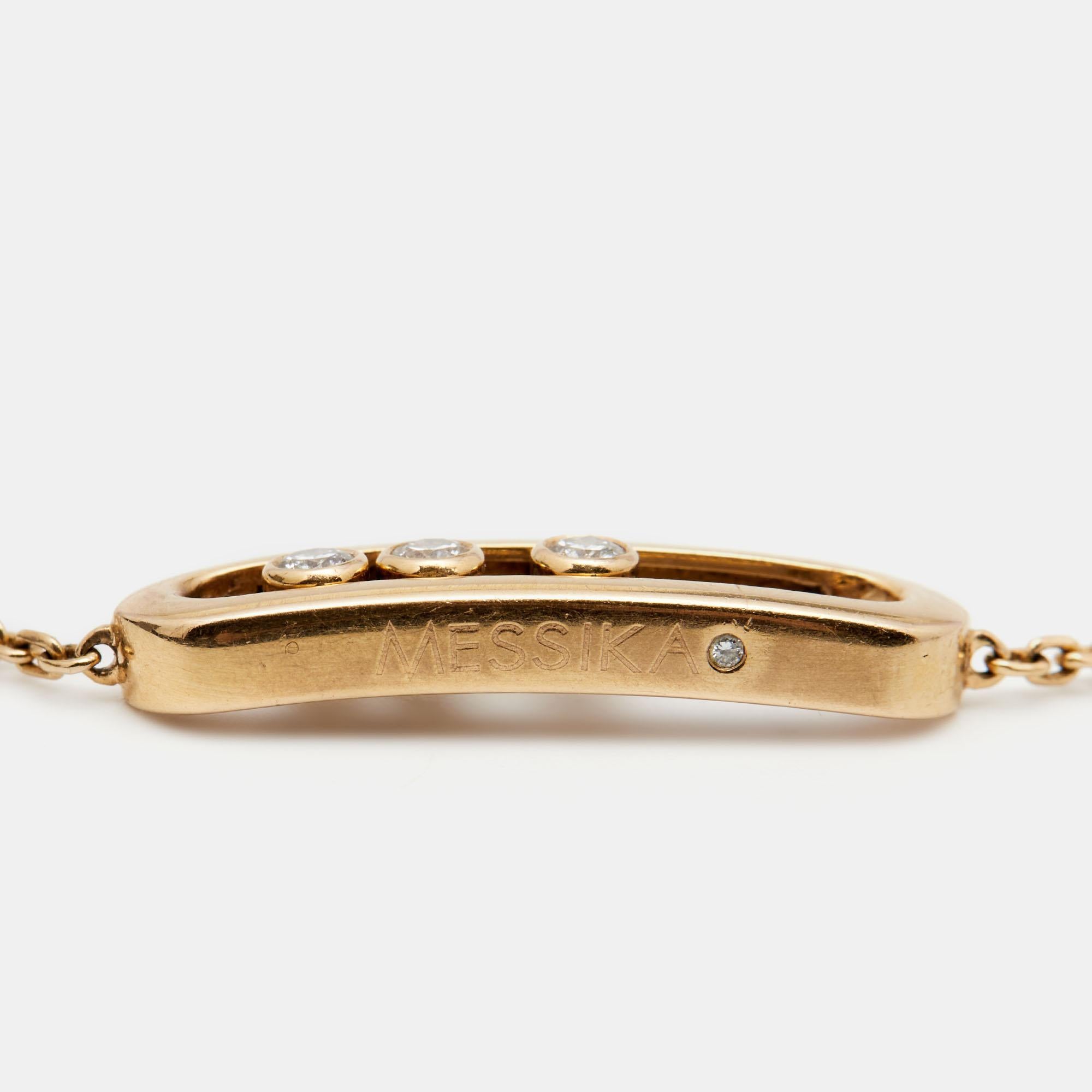 The Move is an iconic collection of house Messika, a line that embodies love and romance through three moving diamonds set in simple designs. This beautiful bracelet is fully handcrafted from 18k rose gold into a minimal yet timeless silhouette