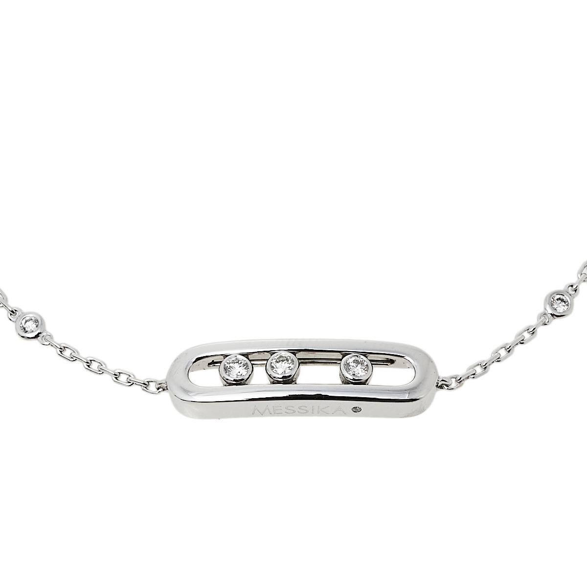 The Move collection has designs that are both wearable and timeless. This wondrous thing of beauty is the Messika Baby Move bracelet, made using 18k white gold. It has a chain holding a cage, and within it, three diamonds are left to slide and move