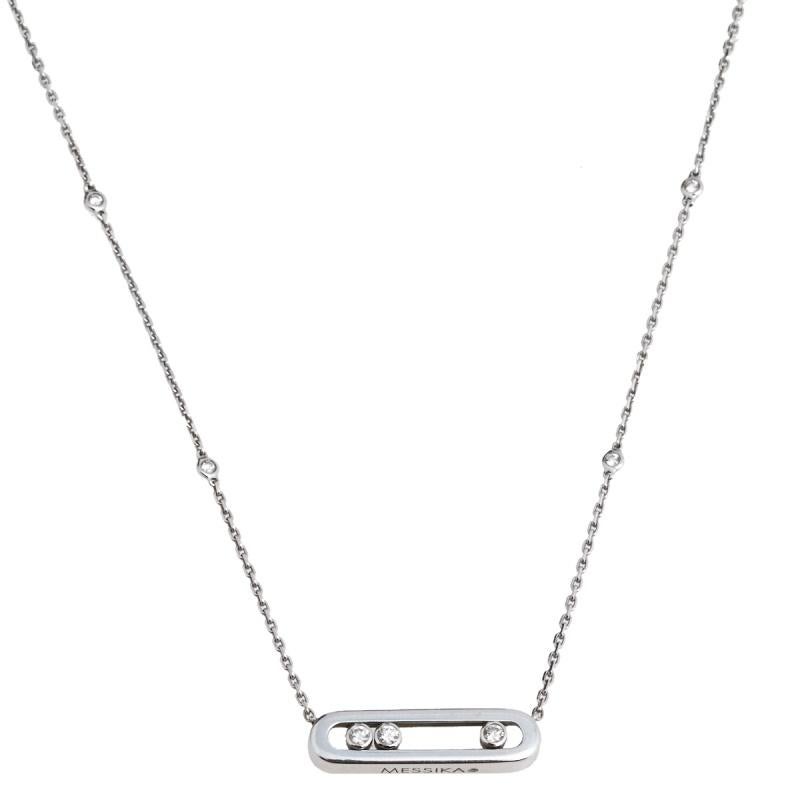 The Move is an iconic collection of house Messika, a line that embodies love and romance through three moving diamonds set in simple designs. This beautiful necklace is fully handcrafted from 18k white gold into a minimal yet timeless silhouette