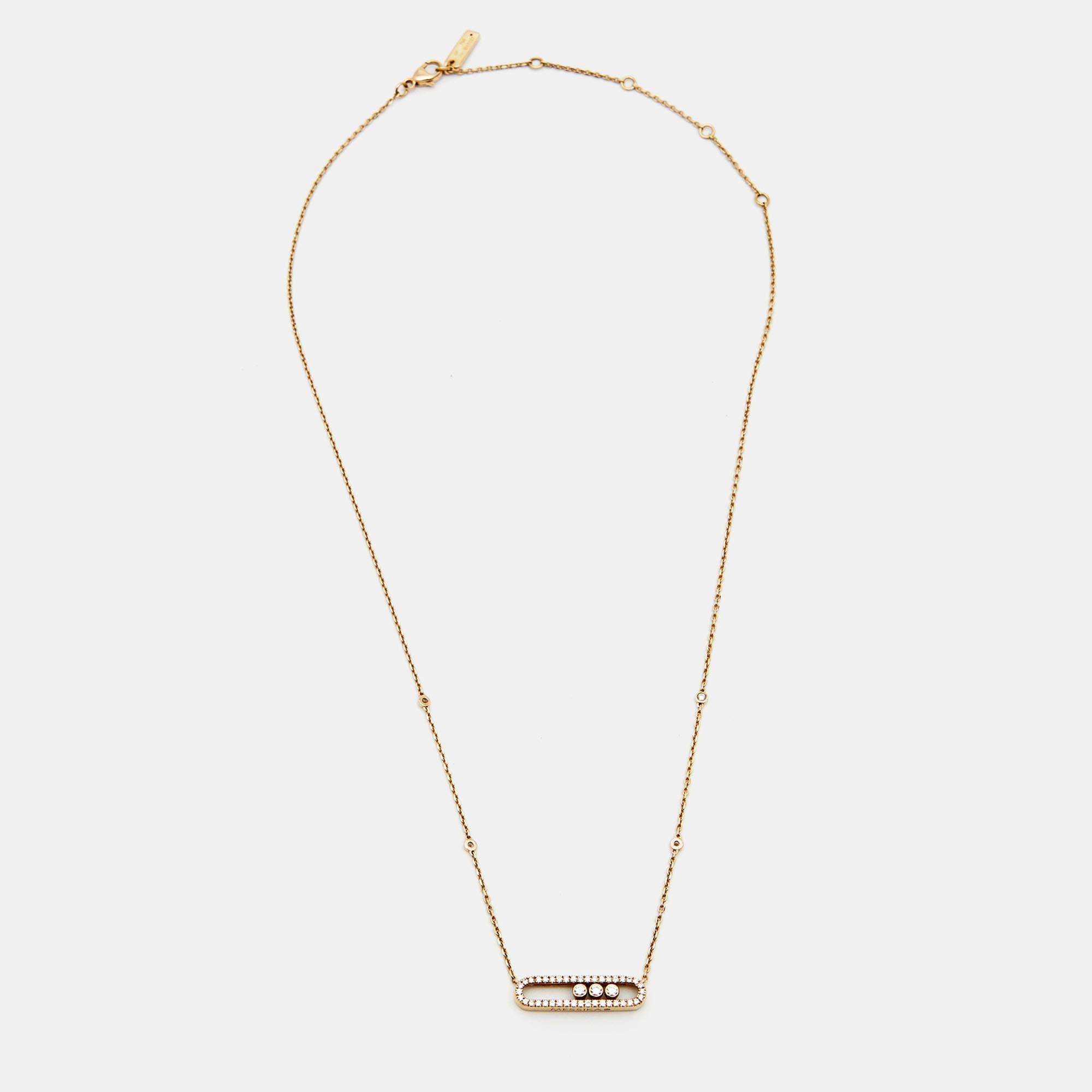 The Move collection has designs that are both wearable and timeless. This wondrous thing of beauty is the Baby Move necklace, handmade using 18k rose gold. It has a chain to hold the diamond-encrusted cage. Within the signature cage, three diamonds