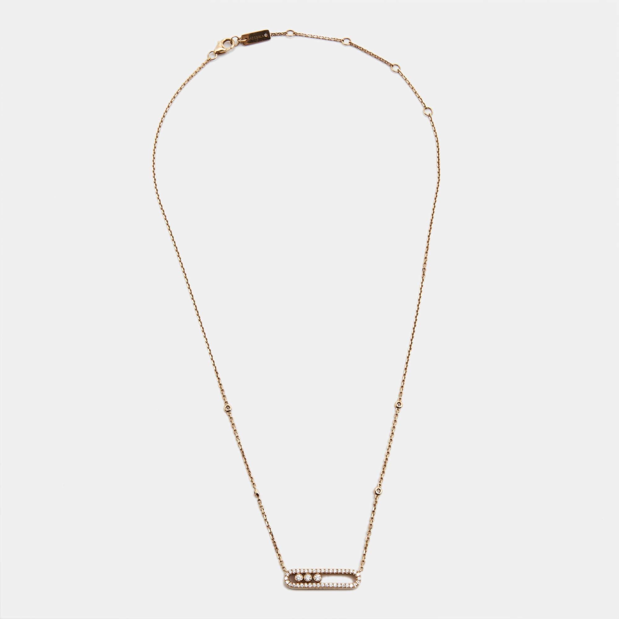 The Move collection has designs that are both wearable and timeless. This wondrous thing of beauty is the Baby Move necklace, handmade using 18k rose gold. It has a chain to hold the diamond-encrusted cage. Within the signature cage, three diamonds