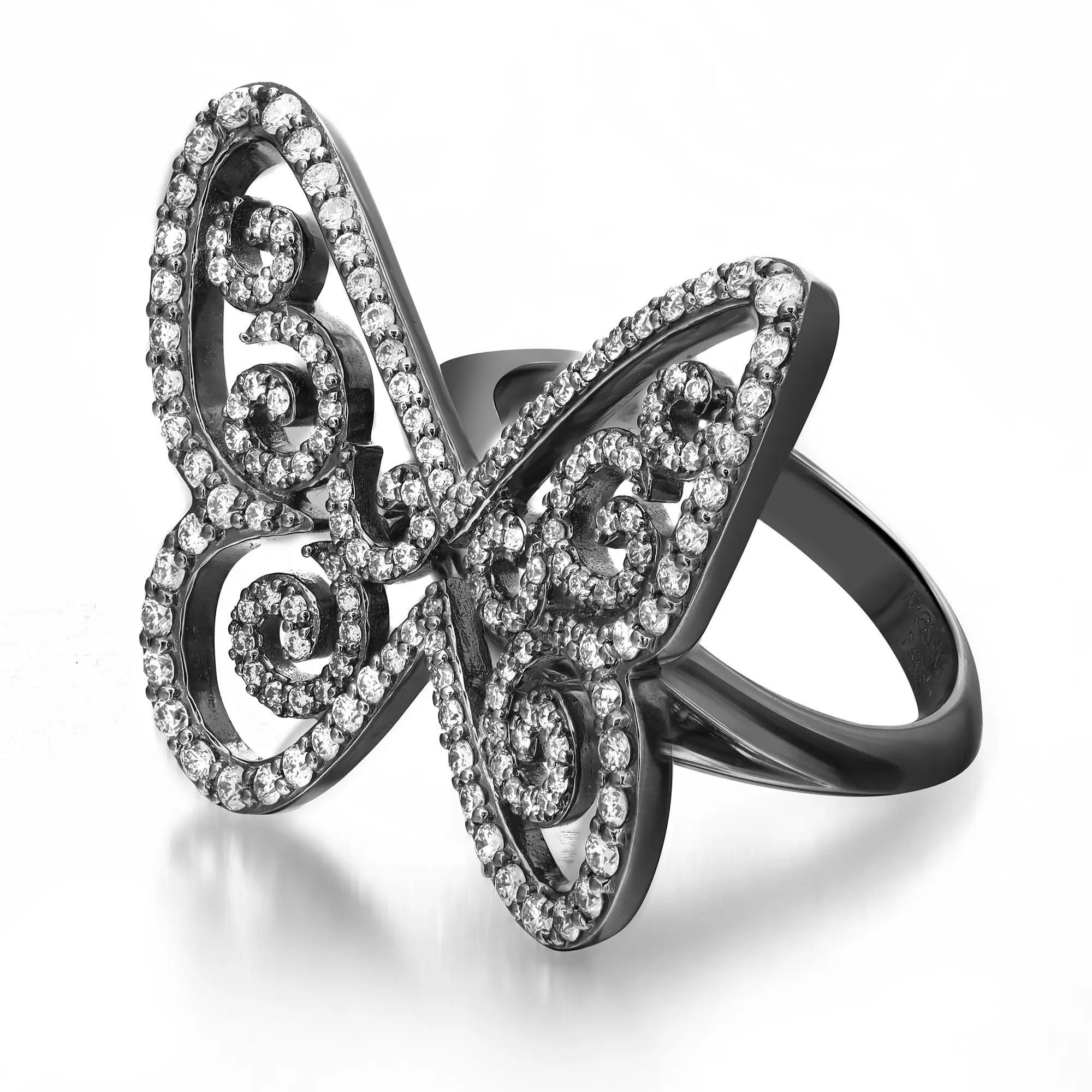 Bold and beautiful, Messika Butterfly Arabesque diamond ring. Crafted in 18K blackened white gold. Adorned with pave set round brilliant cut diamonds weighing 0.78 carat. Diamond color G and clarity VS. Ring size: 51 US 5.5. Top measurement: 26.7mm