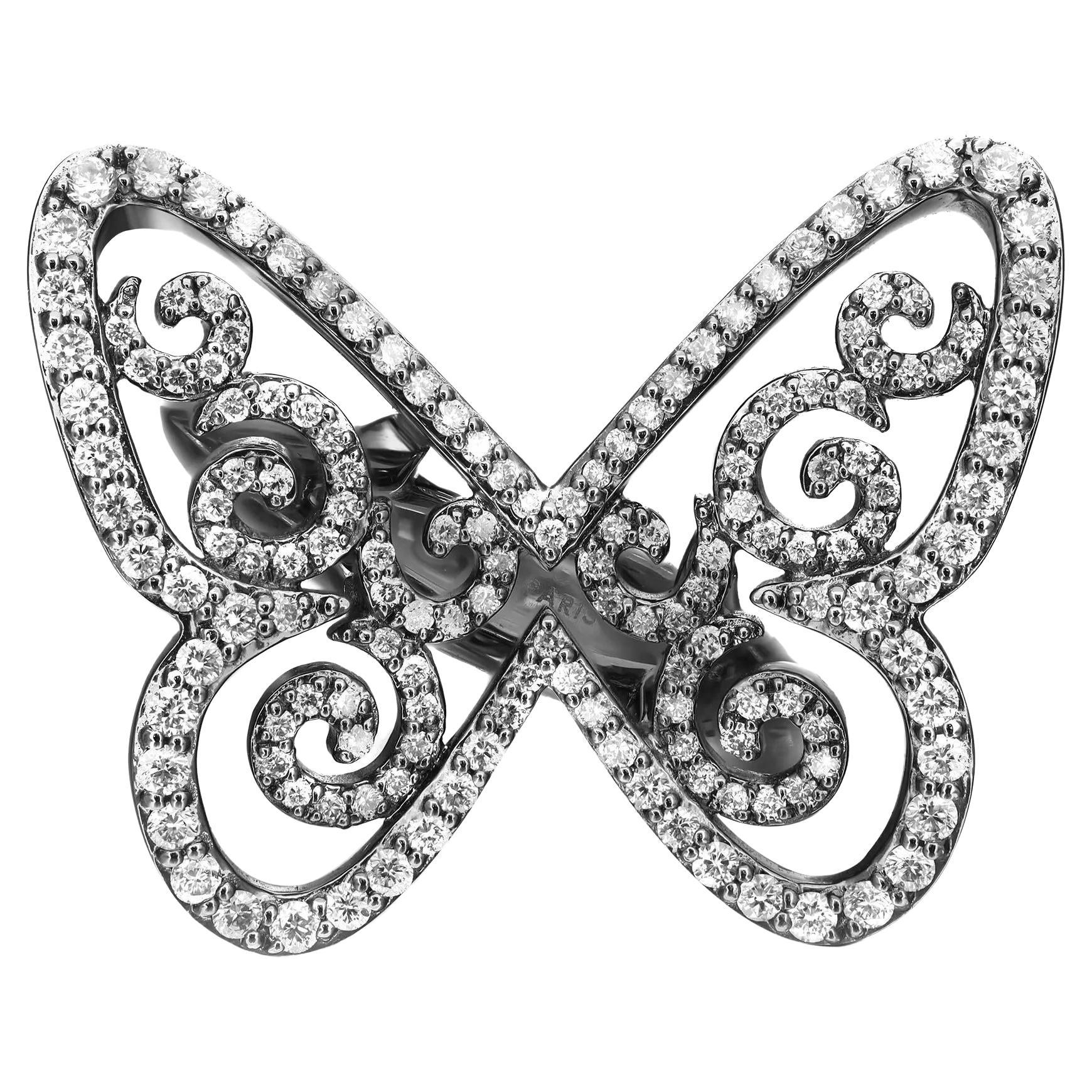 Messika Bague papillon arabesque en or blanc noirci 18 carats et diamants Taille 51 US 5,5