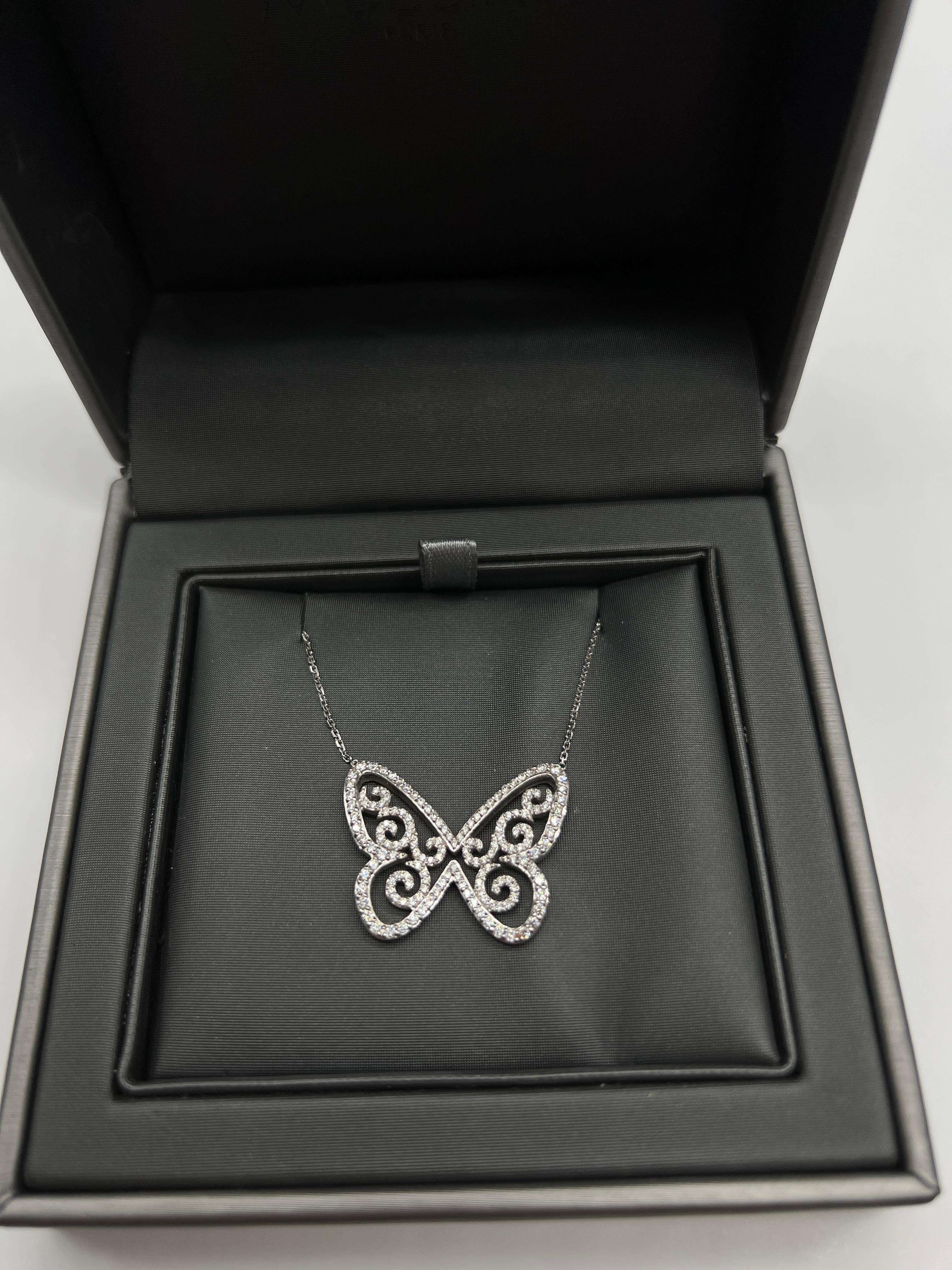 Pendentif papillon Messika sur chaîne en or blanc 18 carats, pavage de diamants en vente 1