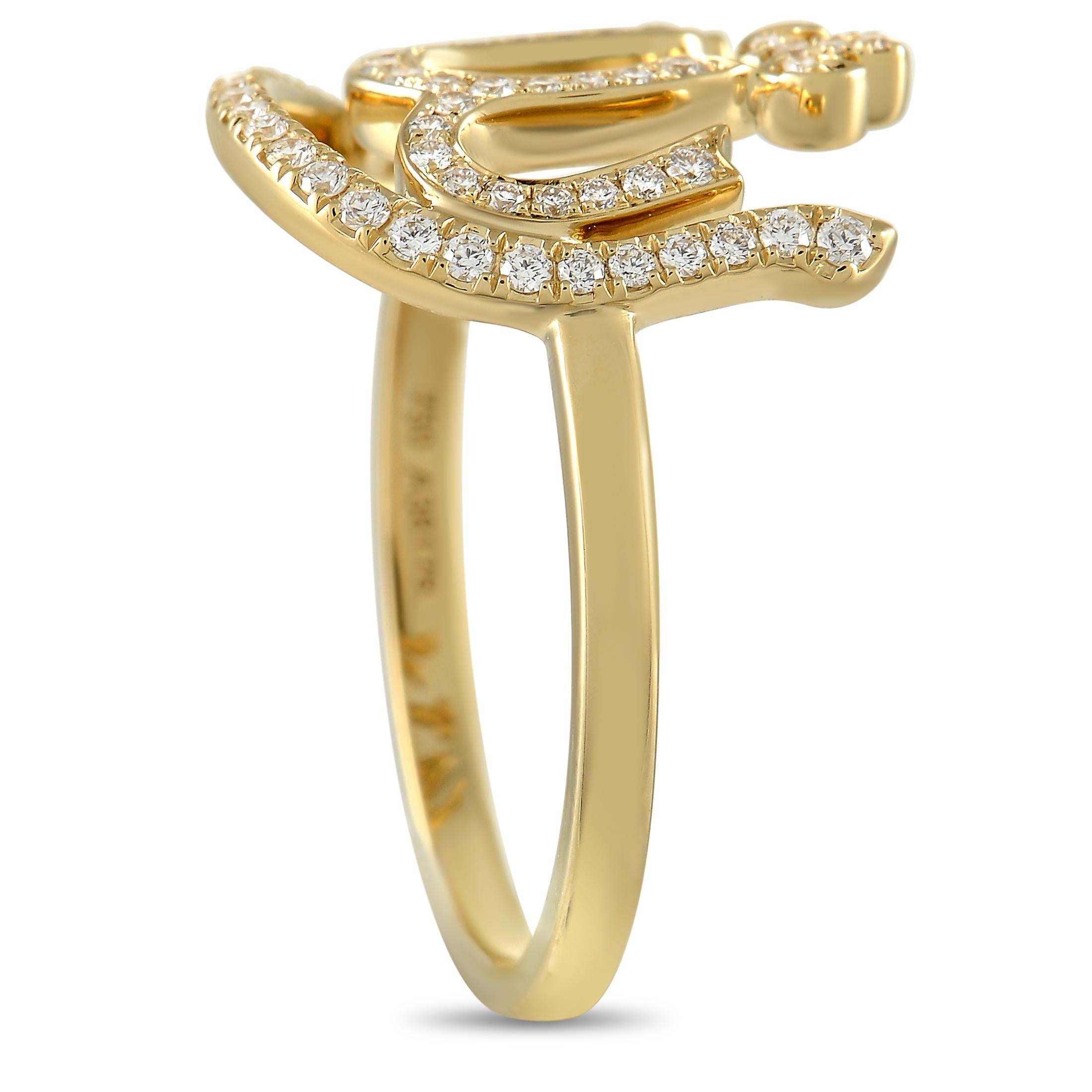 This Messika Faith Allah 18K Yellow Gold 0.24 ct Diamond Ring is made with 18K Yellow Gold, and set with 0.24 carats of beautiful small round-cut diamonds. The ring has a band thickness of 2 mm, a top height of 4 mm, and top dimensions of 20 by 15
