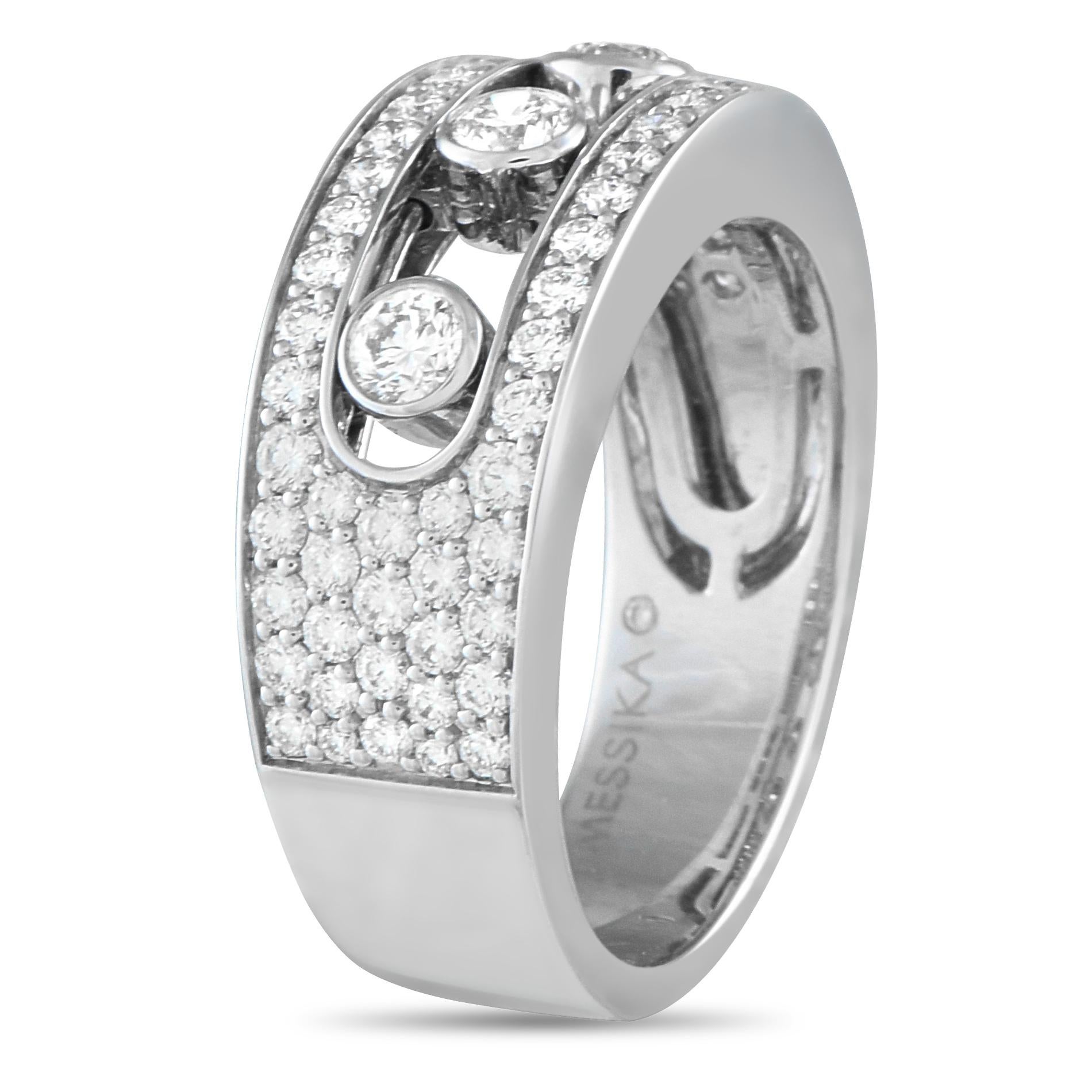 A ring of dynamic sparkle. Suitable as a wedding band, this beautiful Messika Move ring features a wide shank in 18K white gold. Half of the band's circumference is covered with pav-set diamonds. The sparkling surface is detailed with an oval track