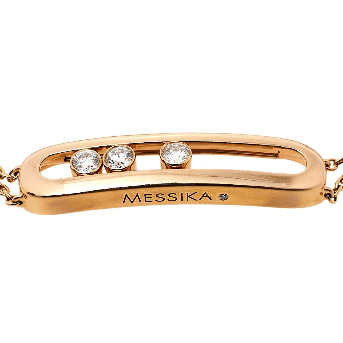 The Move is an iconic collection of the house Messika, a line that embodies love and romance through three moving diamonds set in simple designs. This beautiful bracelet is fully handcrafted from 18k rose gold into a minimal yet timeless silhouette