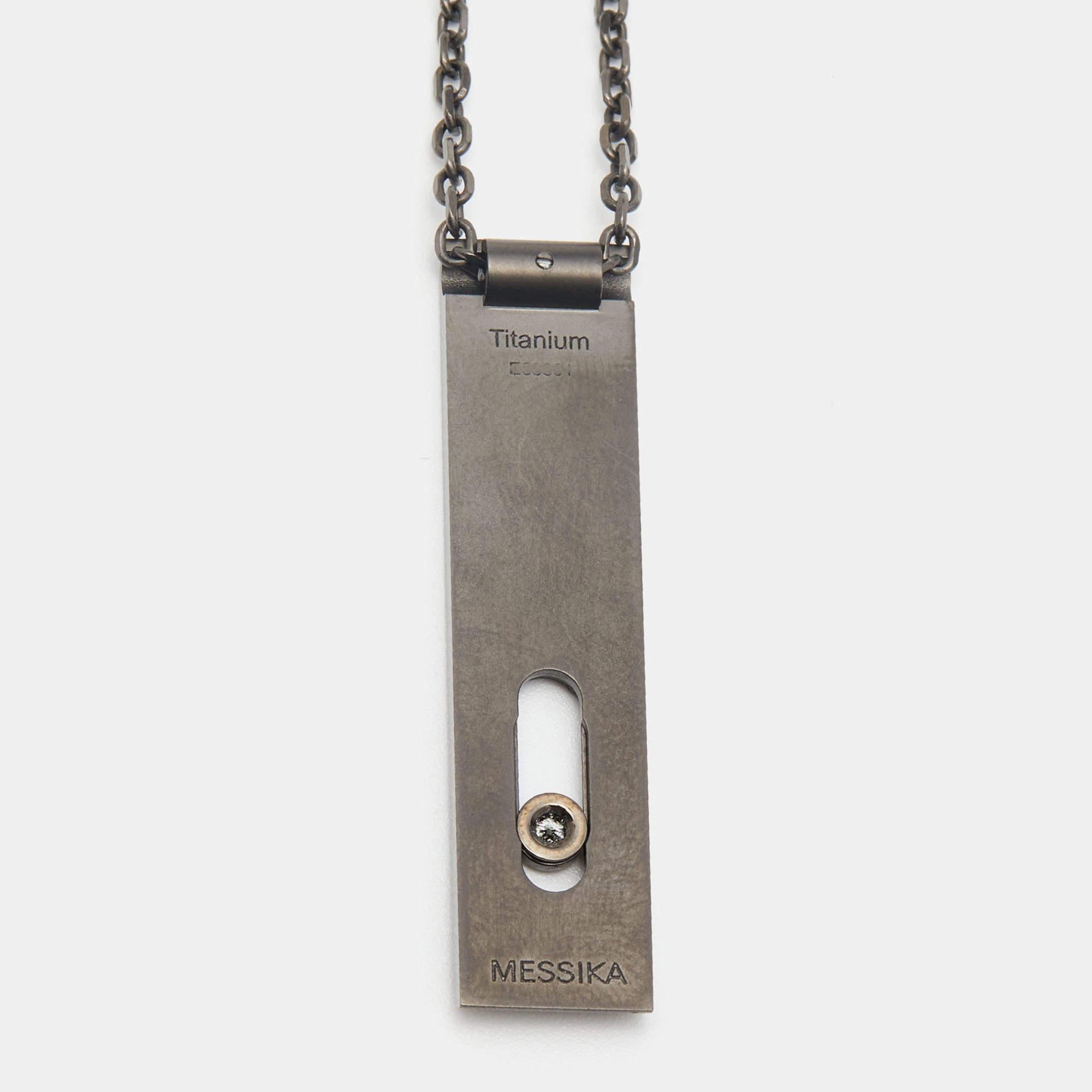 Popular with celebrities, Messika is one of the most sought-after fine jewelry makers. This titanium necklace is from the Move collection. The design involves a bar-shaped pendant carrying a single diamond and a slender chainlink secured by a